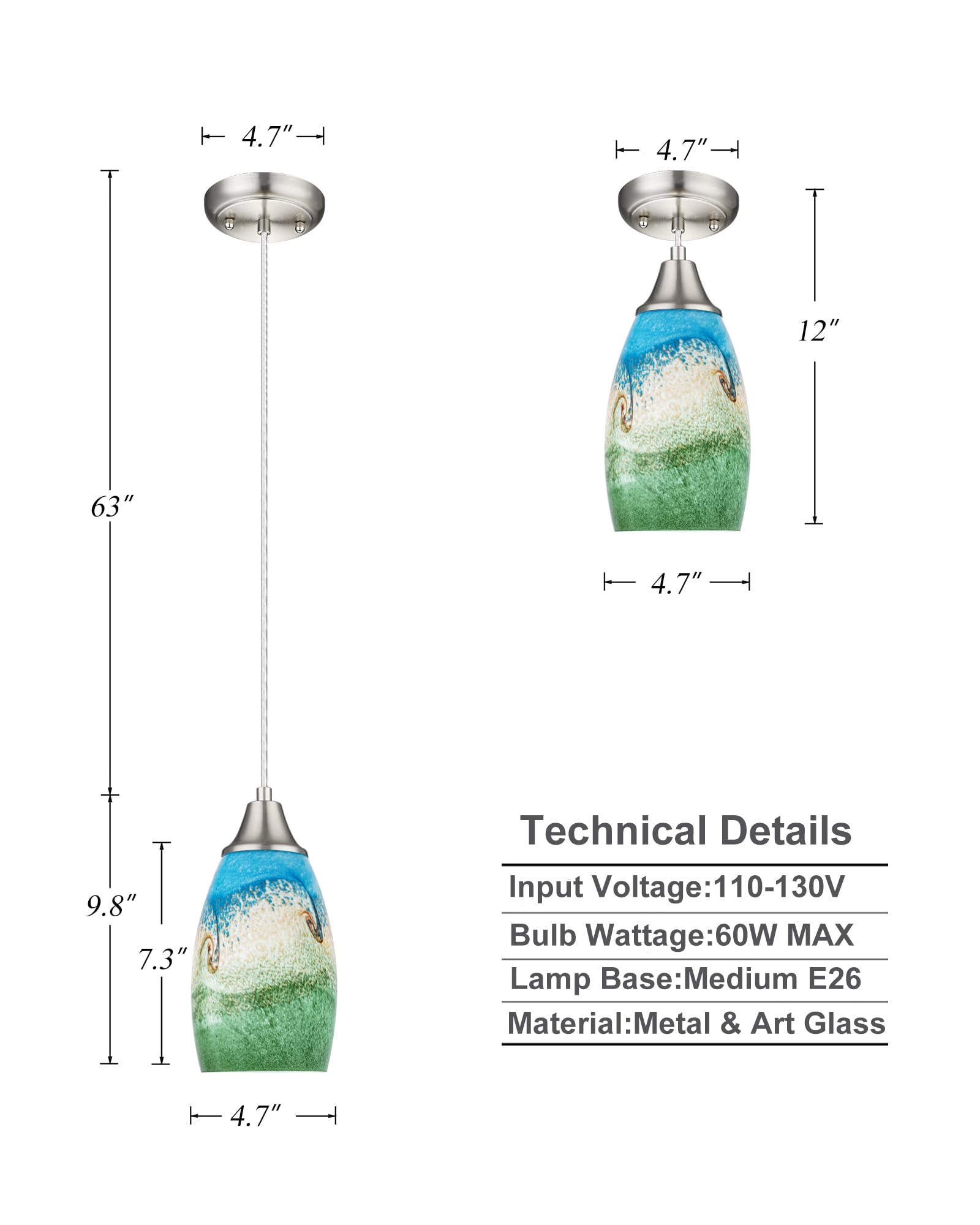 Karyfine Mini Glass Pendant Lights,Blown Art Glass Pendant Hanging Light Fixtures Kitchen Island Pendant Lamp Shade With Brushed Nickel Finish For Bar Counter,Hallway,Dining Room Multi Color-1P