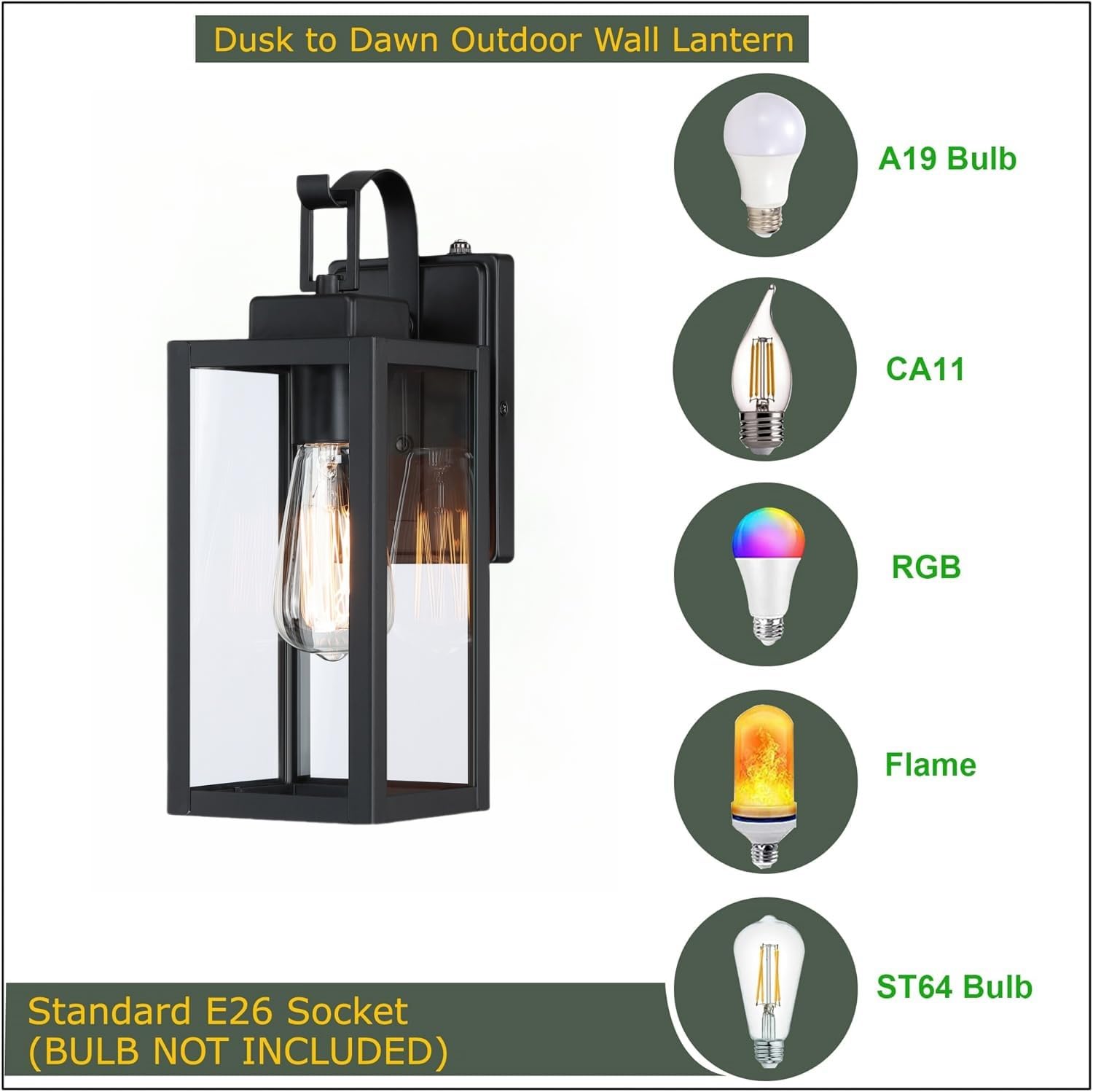 Wisbeam 2 Pack 13.75In Black Outdoor Wall Sconce, Dusk To Dawn Outdoor Wall Light, E26 Base 60W Max, Metal Housing Plus Glass, E