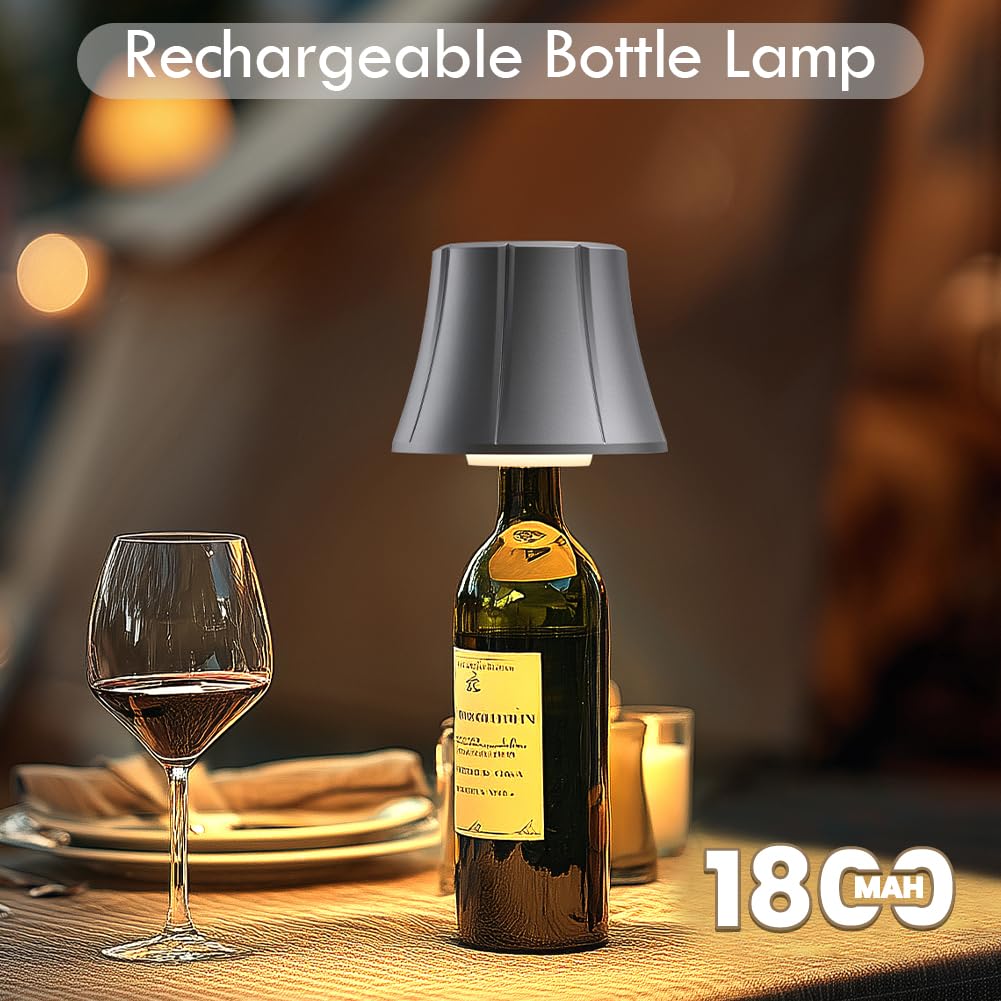 WILIT Wireless Bottle Lamp, Dimmable Cordless Night Light, Battery Operated, Matt Silver
