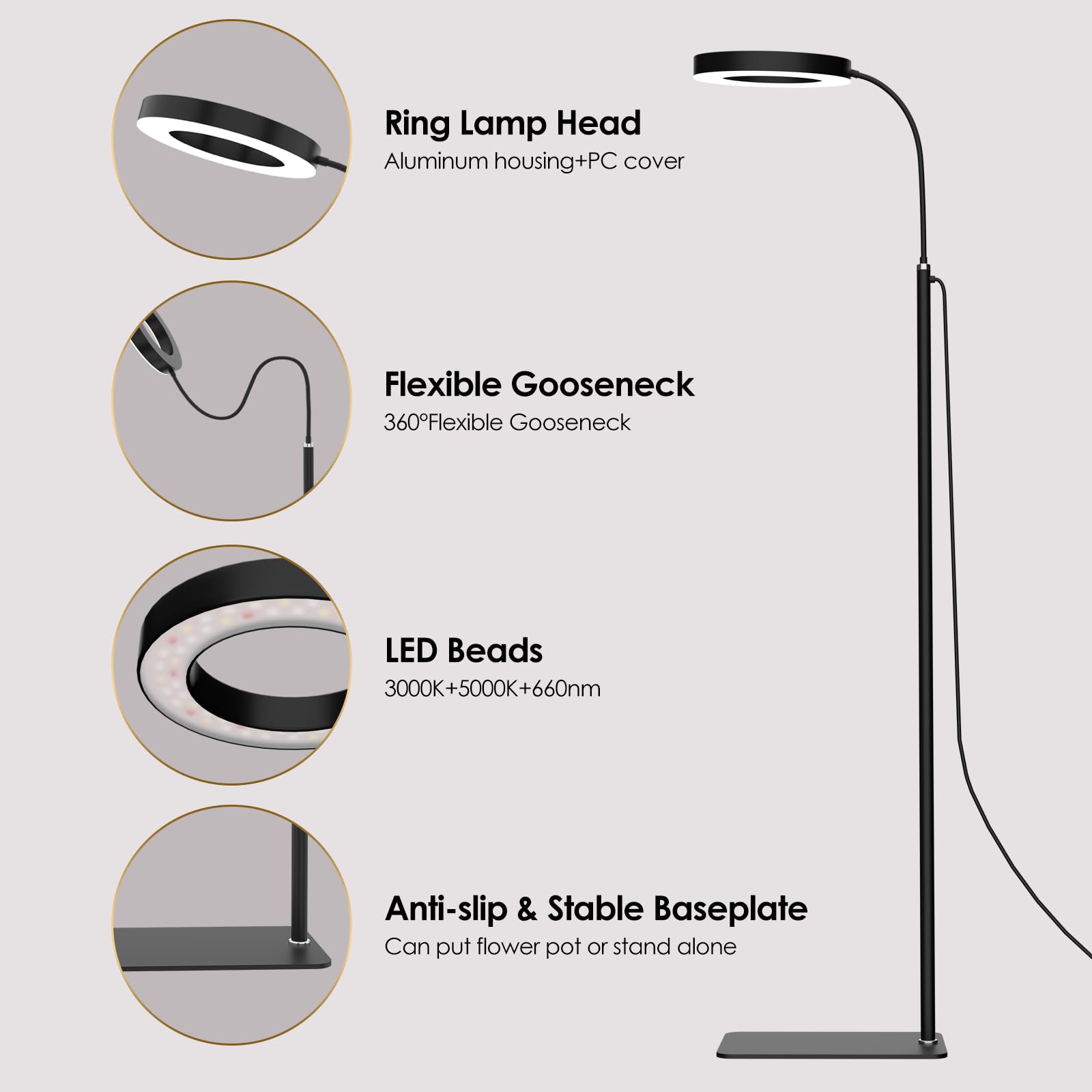 GLOWRIUM 20W Full Spectrum LED Grow Light Floor Lamp, Adjustable Height & Angle, Black with 3/9/12H Timer for Indoor Plants