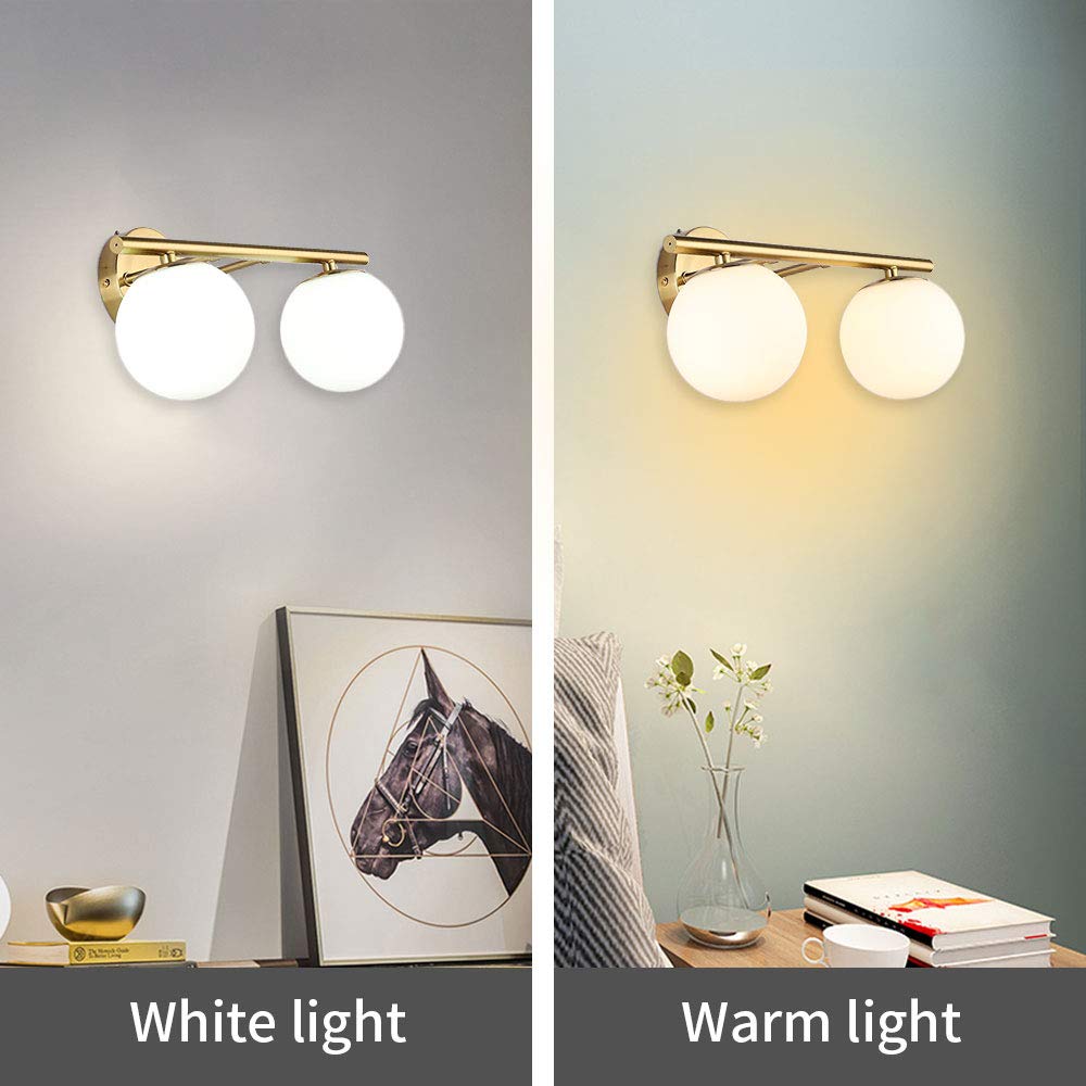 YHTlaeh Bathroom Vanity Light Fixtures, 2 Lights, Brushed Brass, Milk White Globe Glass Shade, Model 7710, 15 Inch