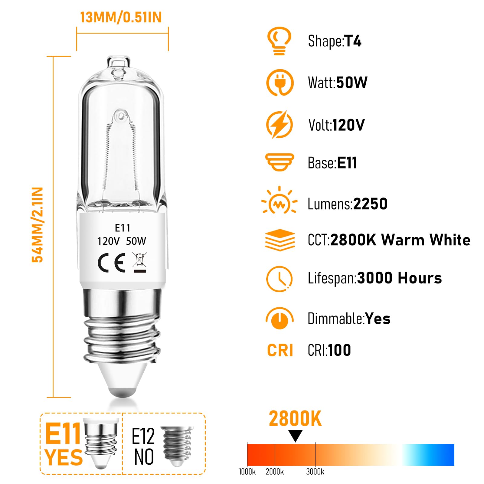 Jaenmsa Jde11 120V 50W Halogen Bulbs,T4 Jd E11 Tungsten Halogen Mini Candelabra Bulb 50 Watt Dimmable,Warm White 2800K Replaceme
