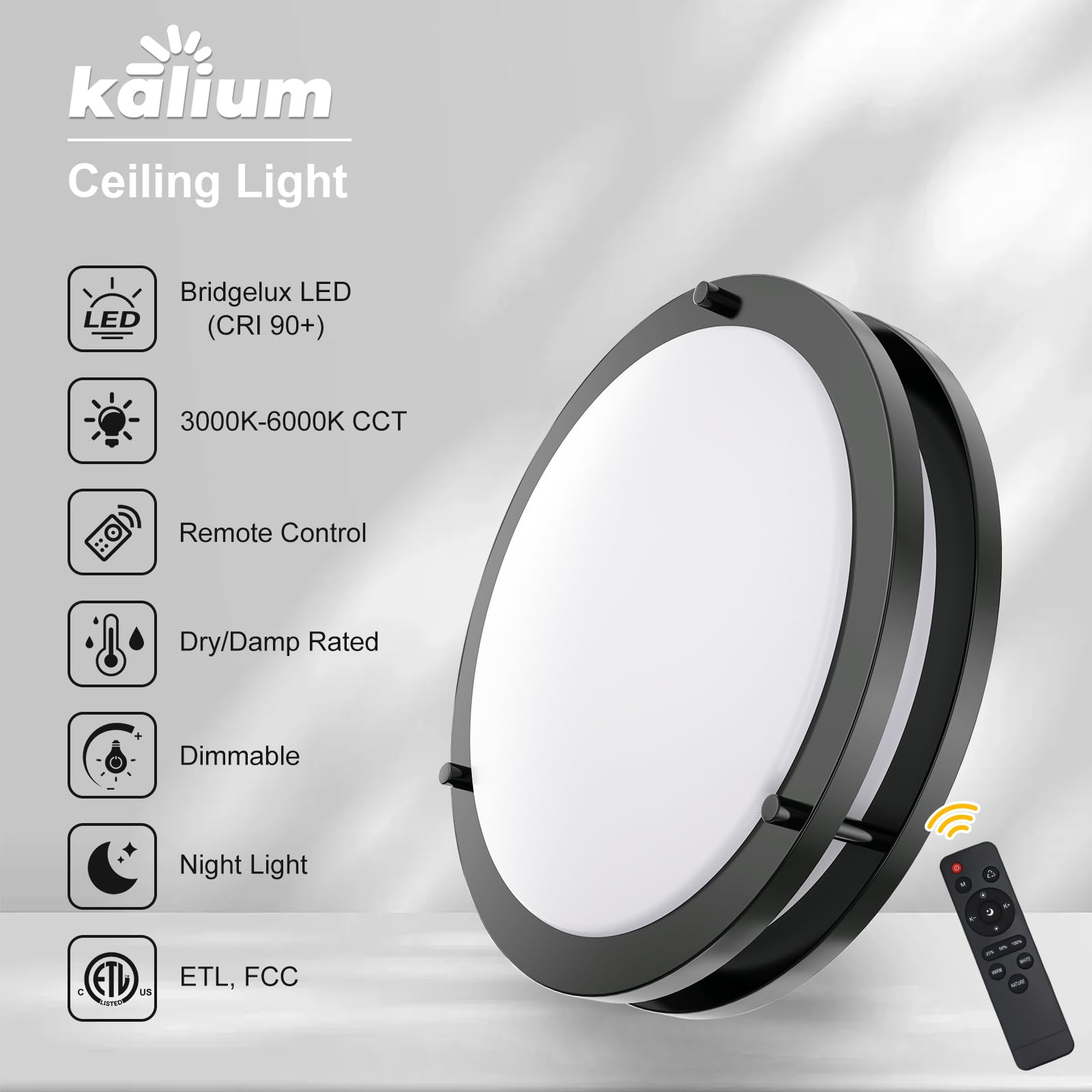 Kalium LED Ceiling Light Fixture, 14 Inch, Dimmable, Adjustable Color Temperature 3000K-6000K, Matte Black, Model CL
