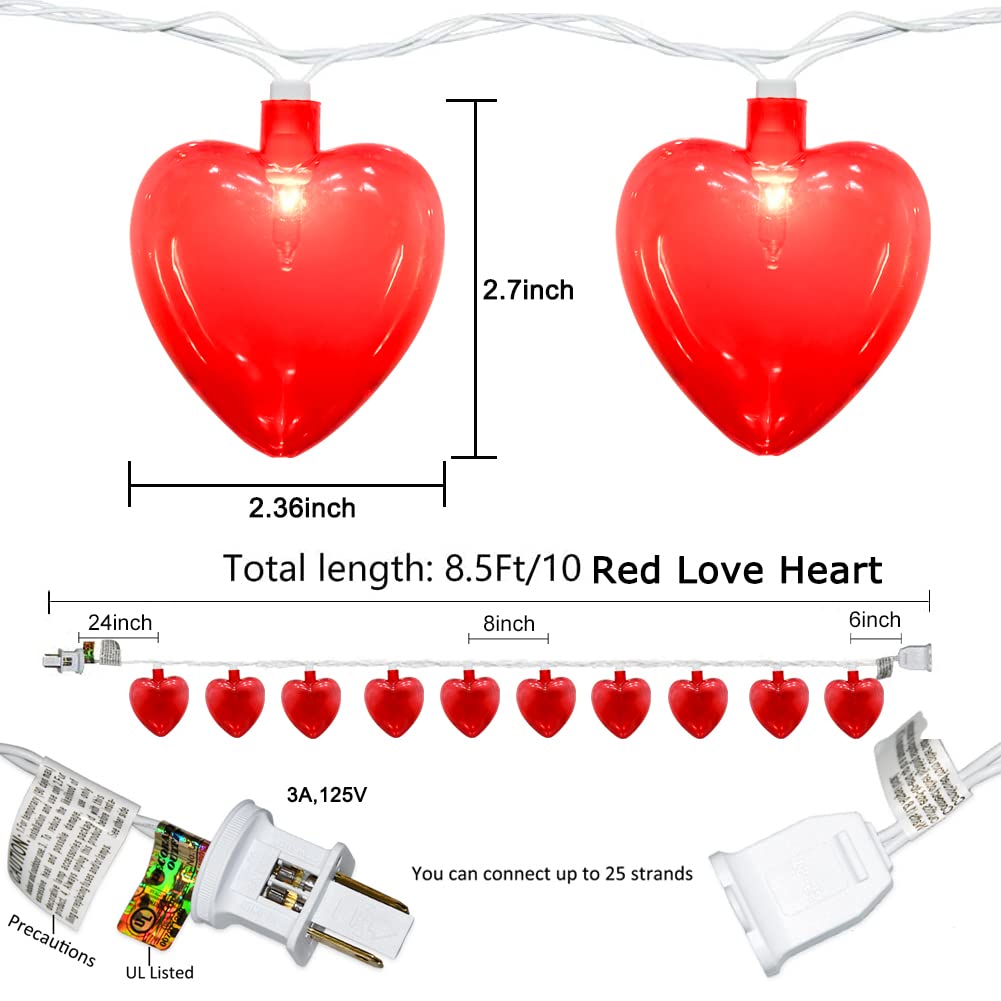 8.5Ft Valentine'S Day Heart String Lights, Valentine Decorations Fairy String Lights With 10 Red Heart Lights, Connectable Love Heart Lights For Valentine'S Day, Party, Wedding, Holiday Decorations