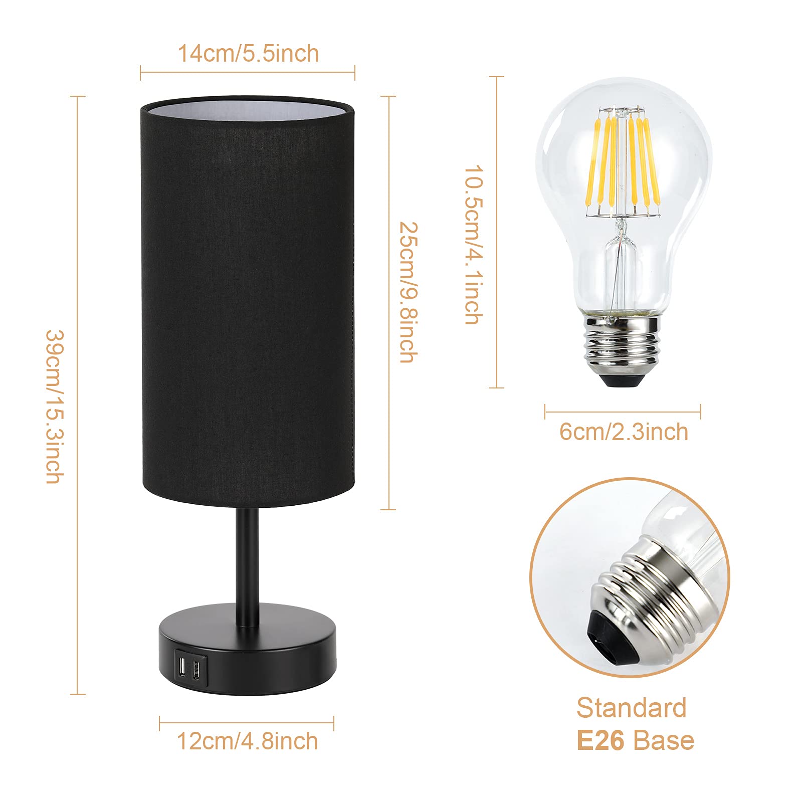 Yarra-Decor Touch Control Bedside Lamp with USB Port, 3 Way Dimmable, Black Linen Shade, LED Bulb Included