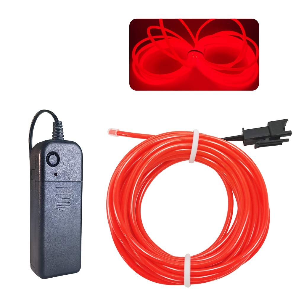 MaxLax EL Wire Neon Lights Strip - 16.4ft Red Portable Battery Pack for Parties & DIY Decor