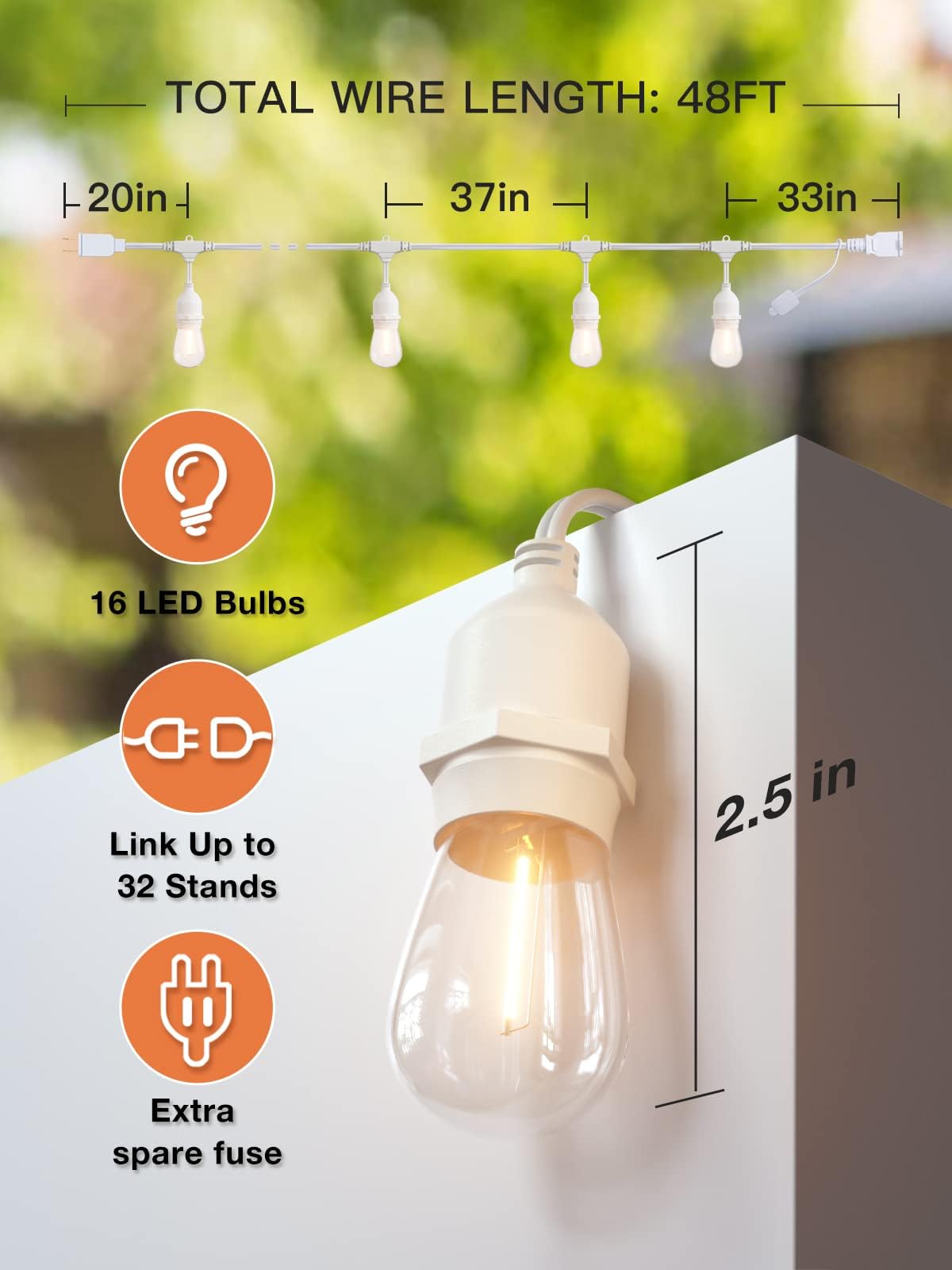 addlon LED Outdoor String Lights 48FT, Dimmable Edison Bulbs, Shatterproof, Weatherproof, White - Commercial Grade Patio & Market Light