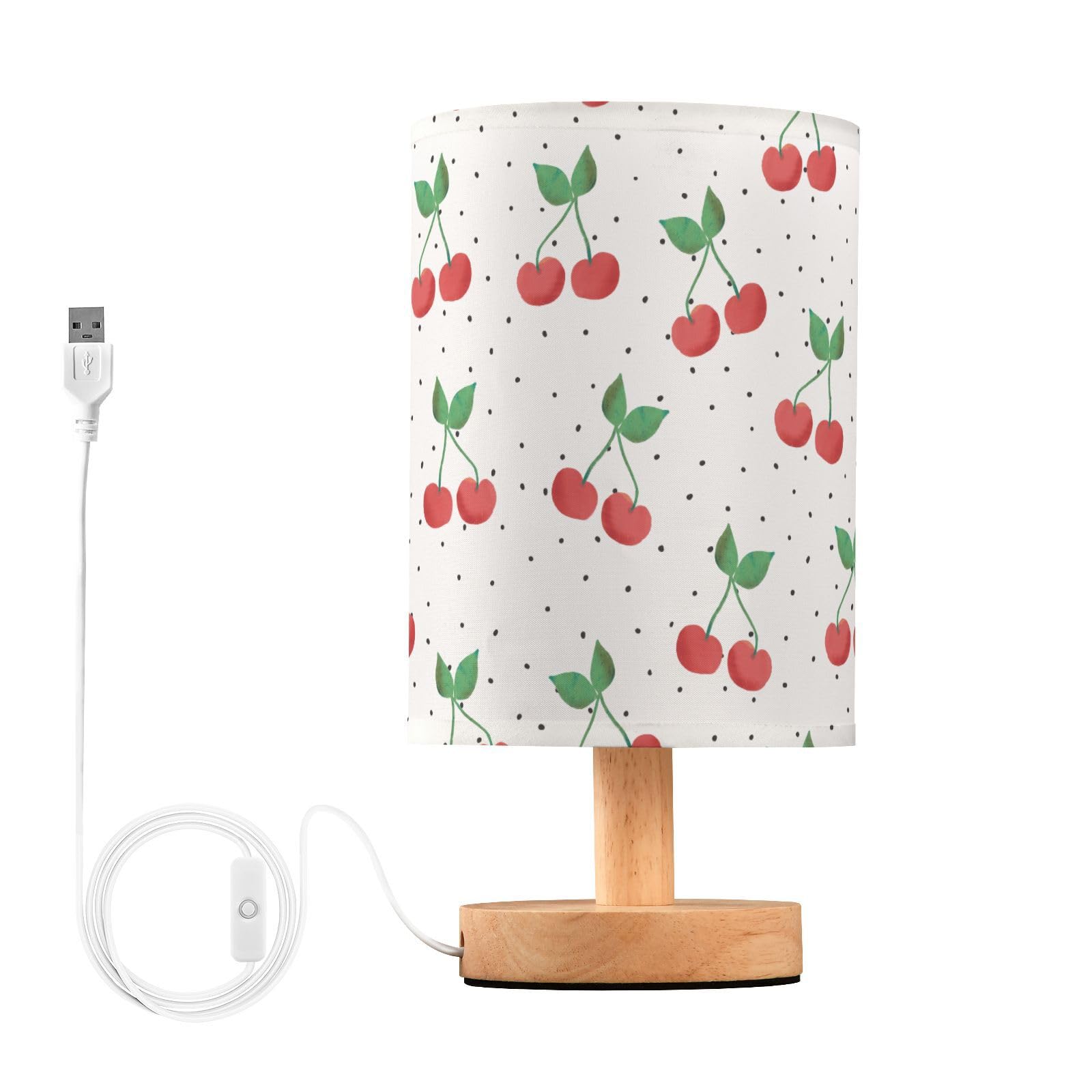 Coikll Red Cherry Table Lamp Bedside with USB Ports Nightstand Lamps with Fabric Lampshade for Reading, Bedroom, Living Room Hom