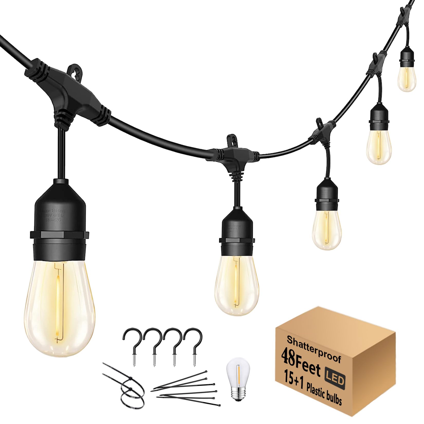 48Ft Outdoor String Lights Led Heavy-Duty Waterproof Patio Lights With 16 Shatterproof Plastic 2200K Warm White Bulbs For Patio Gazebo Pergola Cafe Market Bistro Lights