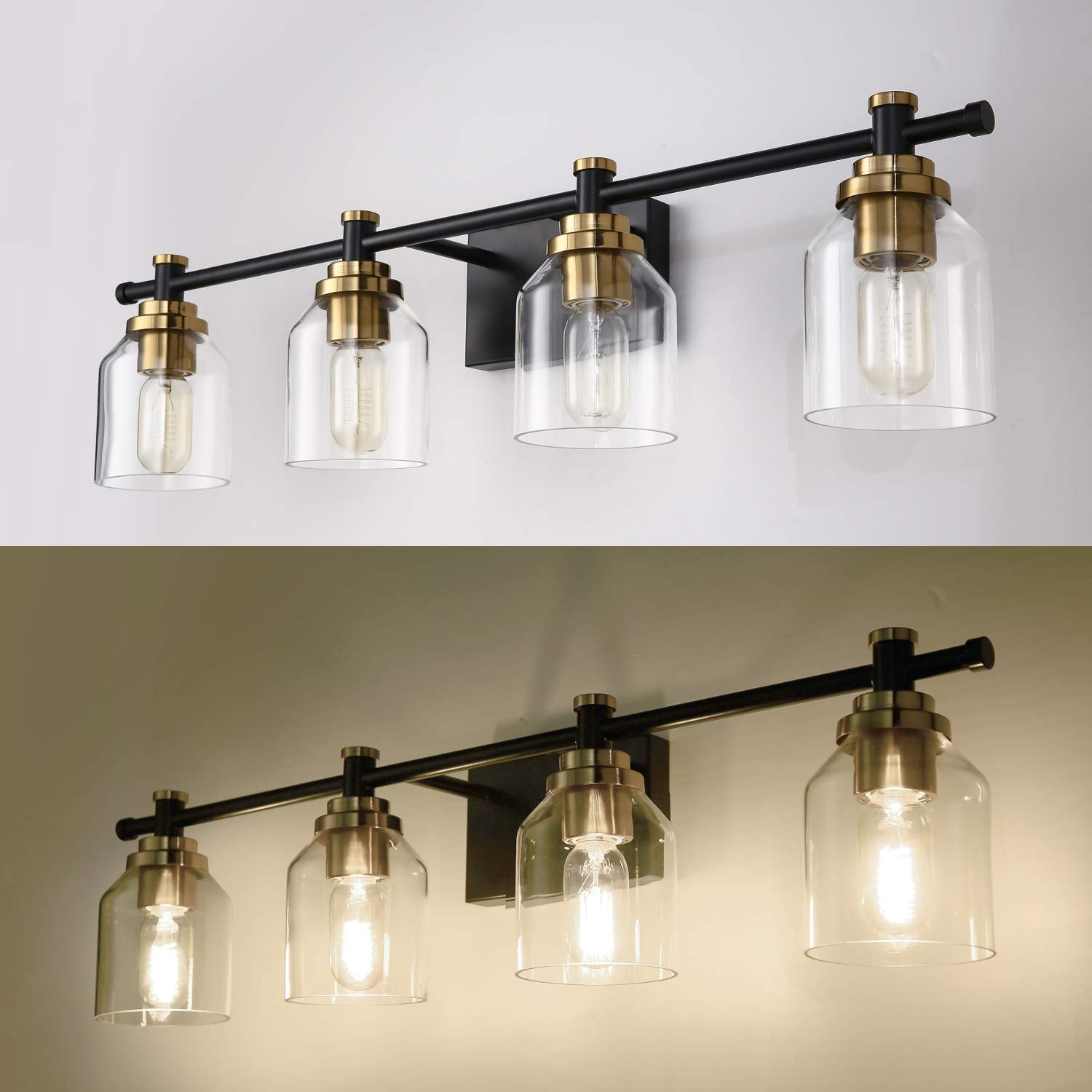 SOLFART Vintage Vanity Light Fixture, 4 Lights, Clear Glass & Black Brass, Model 7900-4T