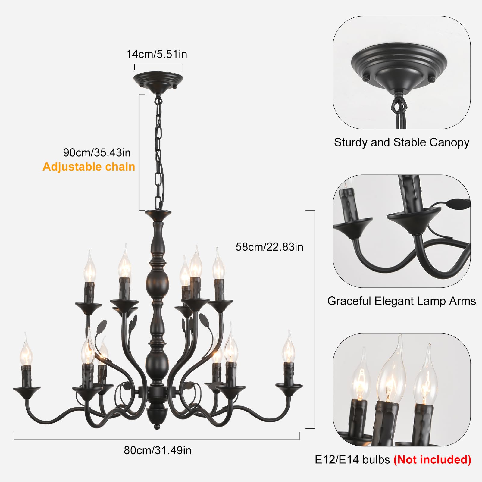 Ganeed 12-Light Black Farmhouse Chandelier, Rustic Iron Pendant Lighting for Dining Room, Kitchen Island, Model 122-12