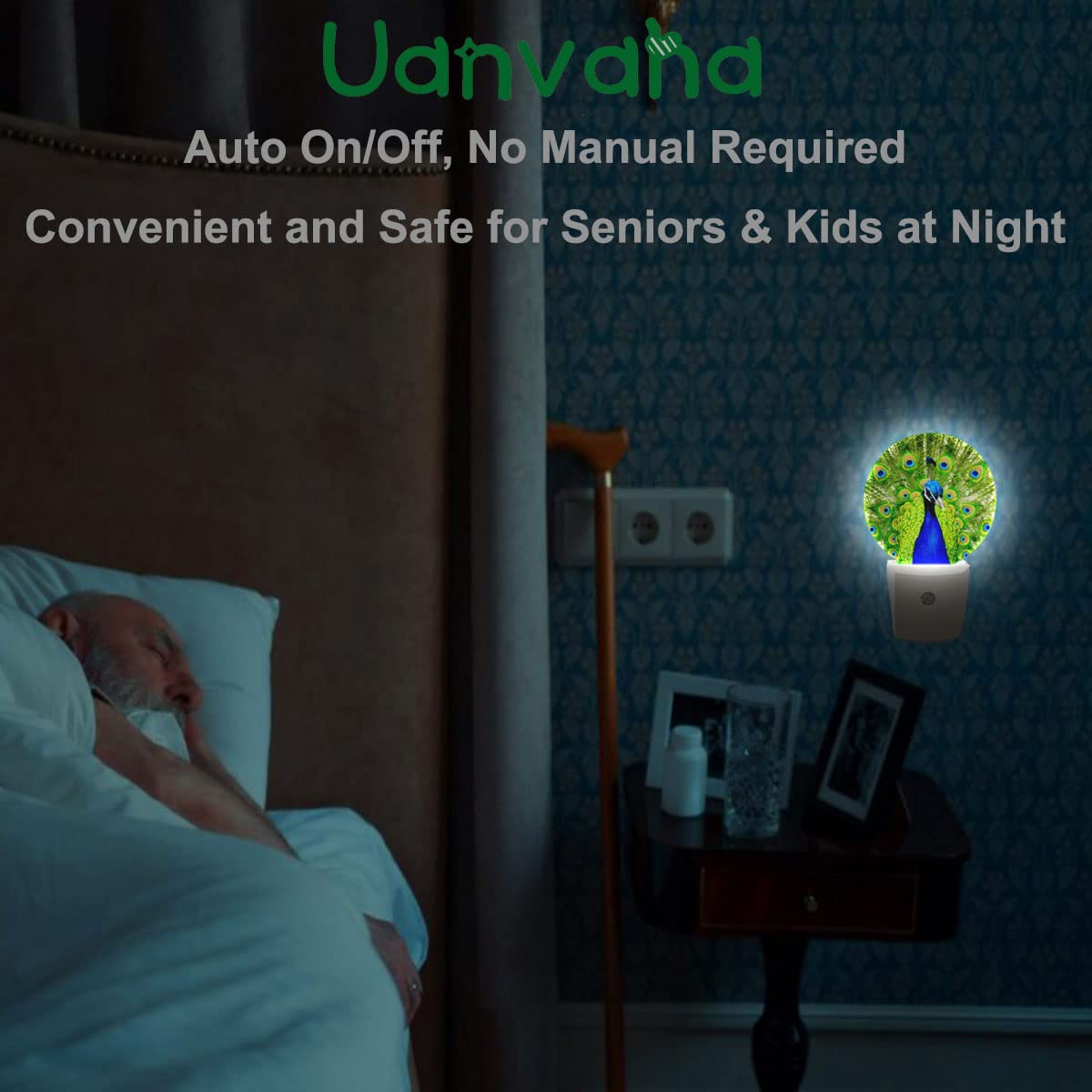 Uanvaha Peacock Open Tail Night Light Peacock Feathers Green Night Lights Plug Into Wall 0.5W Led Lights Auto On/Off For Hallway