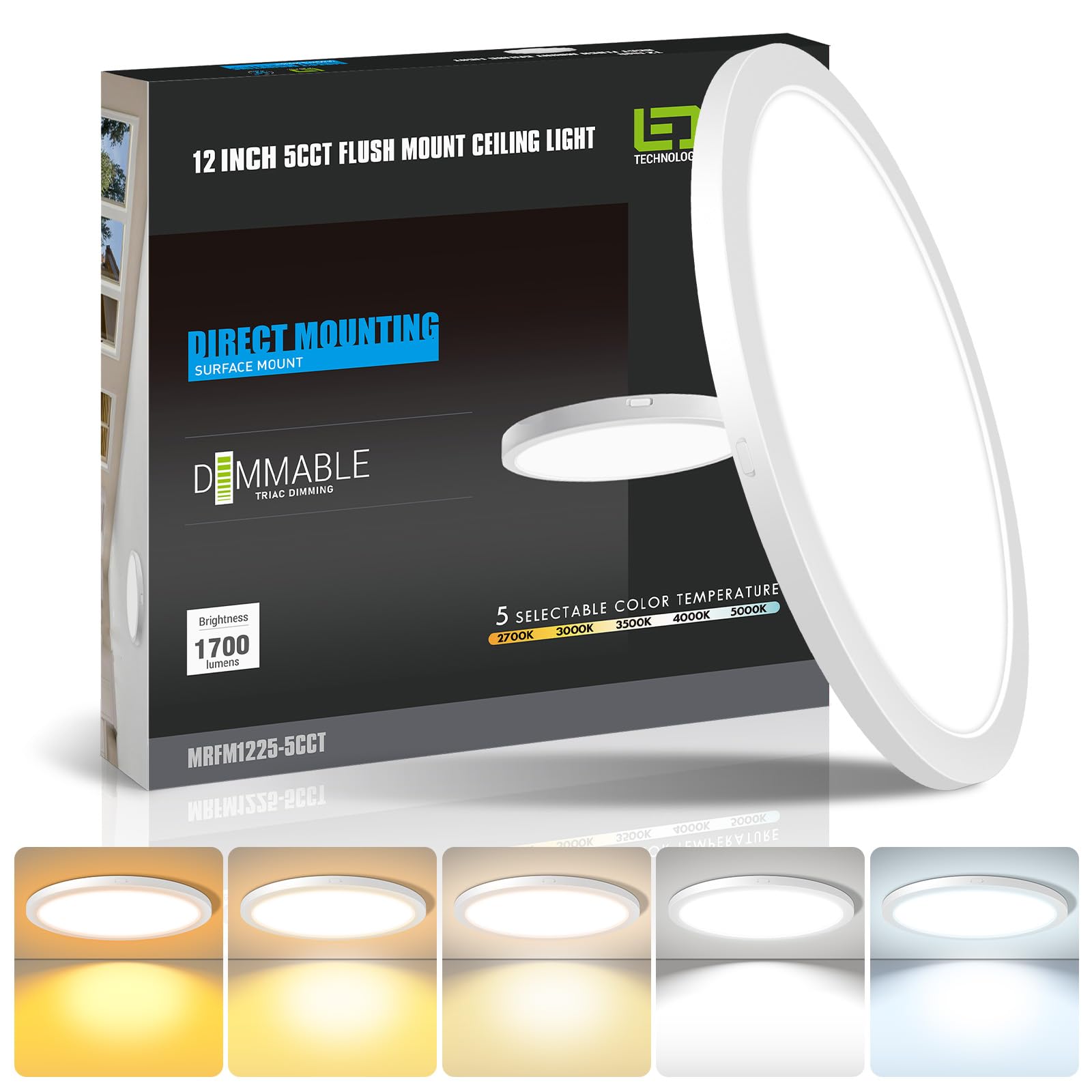 Mw 12 Inch Led Flush Mount Ceiling Light Fixture, Flush Mount Ceiling Lights,120V, 2700K/3000K/3500K/4000K/5000K, 25W, Dimmable 