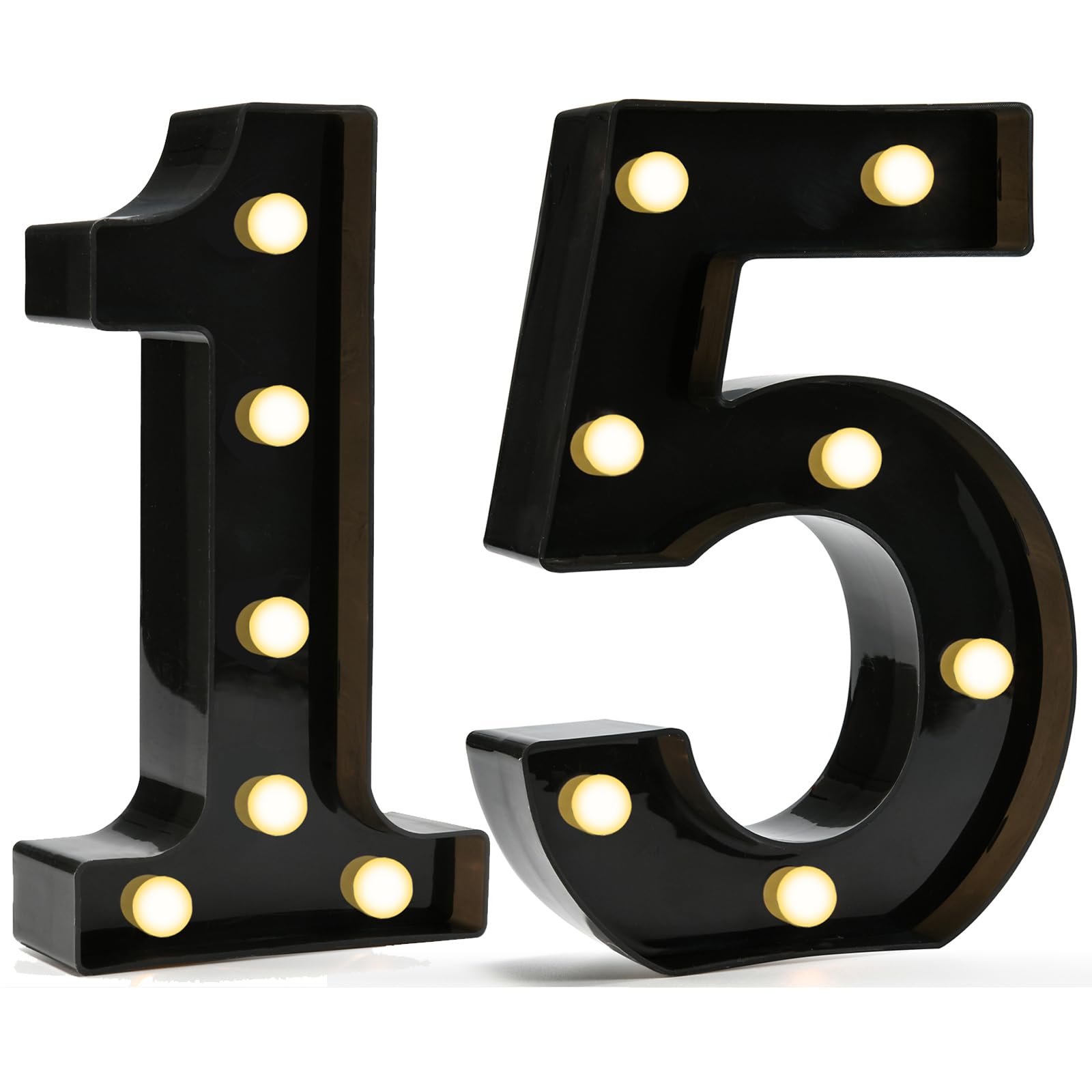 Pooqla Decorative Led Light Up Number Letters, Black Plastic Marquee Number Lights Sign for 15th Birthday Party Wedding Decor Battery Operated Black Number 15