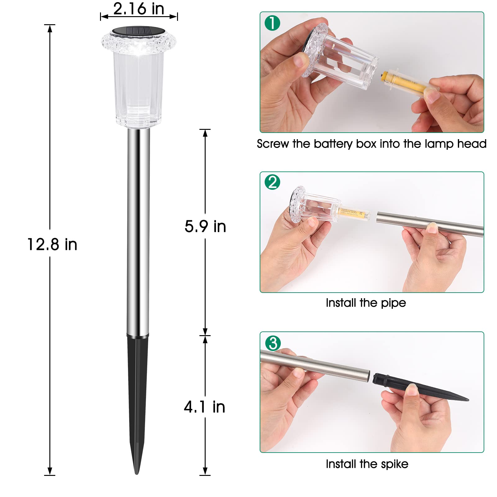 Eyrosa Solar Stake Lights, 15 Pack Waterproof Stainless Steel, Cool White for Pathway, Garden, Yard, Model OSA015