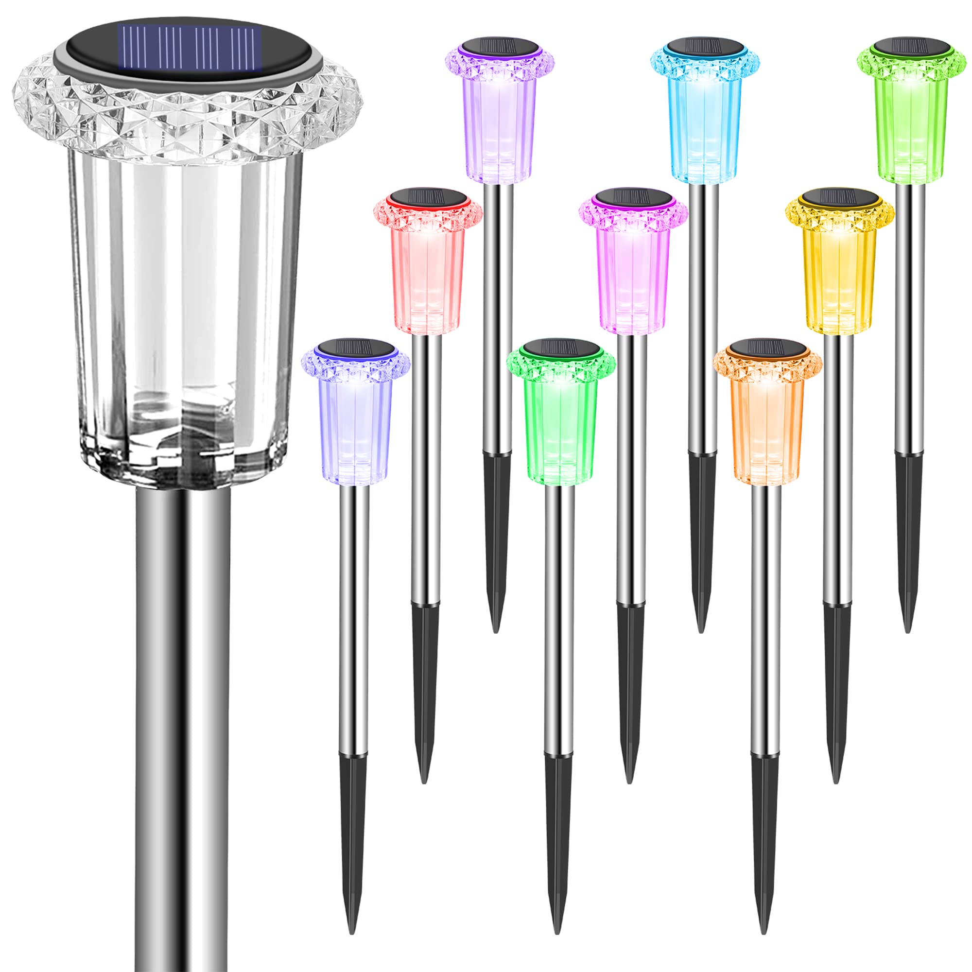 Eyrosa Solar Pathway Lights - 10 Pack Waterproof Stainless Steel Color Changing Outdoor Decor for Garden, Yard, Driveway, Patio