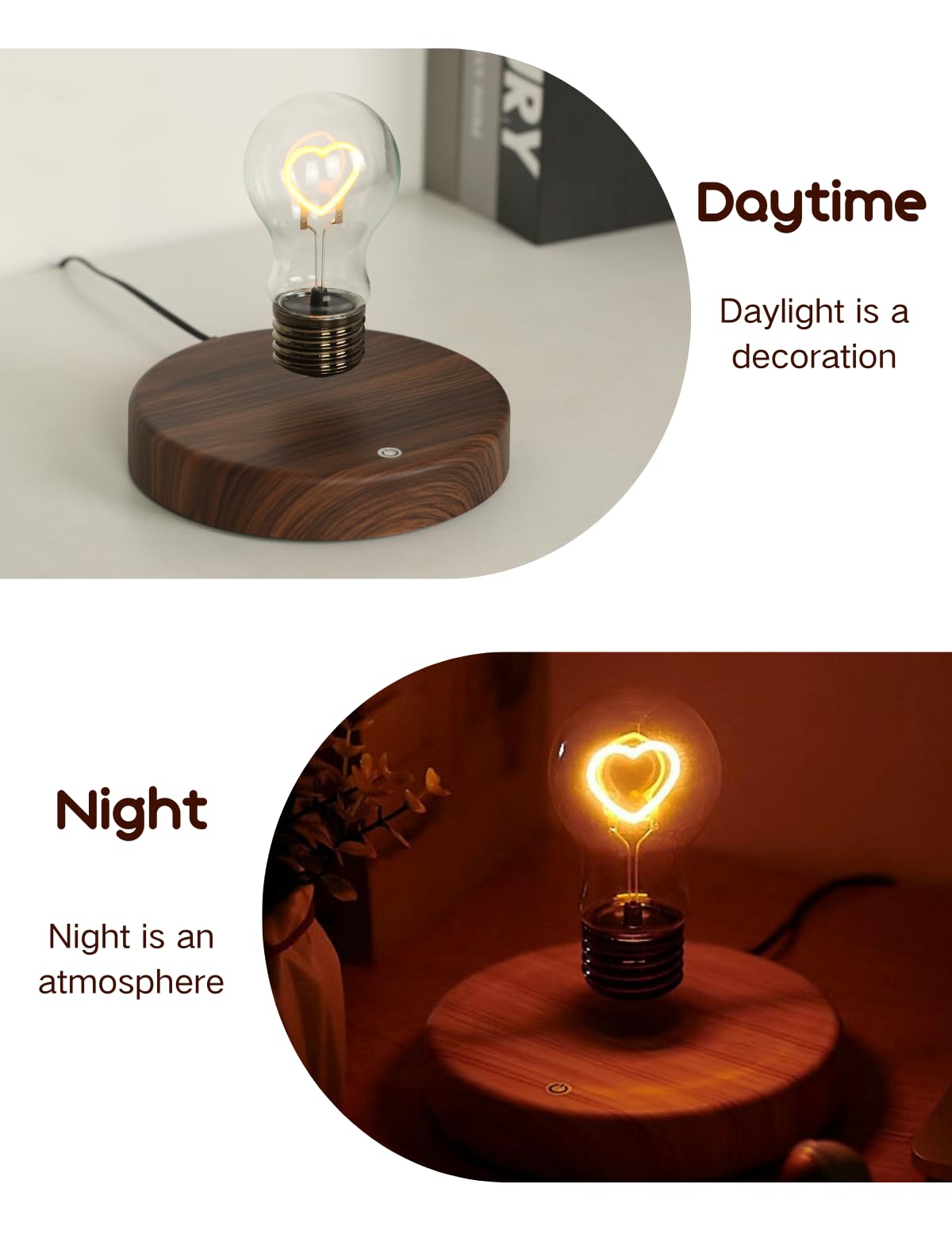 MOOCCI Levitating Bulb Lamp - Magnetic Floating Light, 360° Rotating, Yellow Round-Heart Design for Home Office Decor