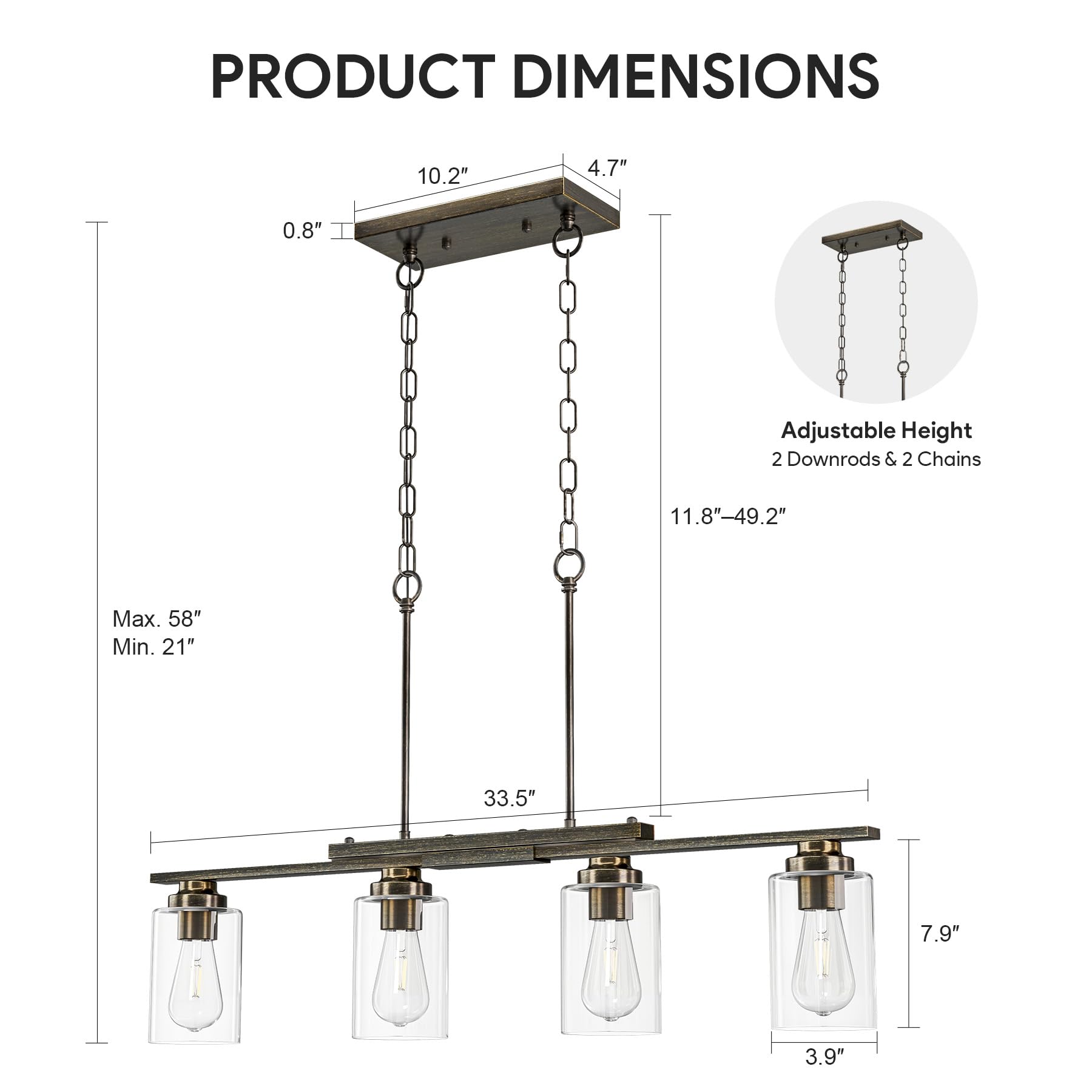 VONLUCE 4-Light Kitchen Island Chandelier, Glass Shade, Antique Black, Model PDL-GLC, ETL Certified, Farmhouse Dining Room Fixture