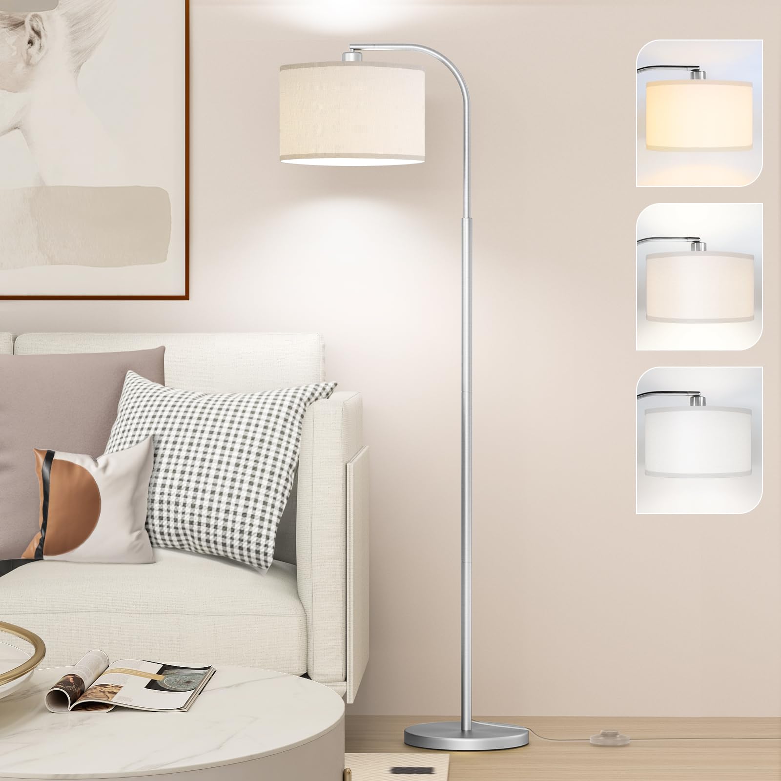 Cnxin Arc Floor Lamps For Living Room With 3 Color Temperatures, Modern Floor Lamp Reading Light With 9W Bulb Included, Standing