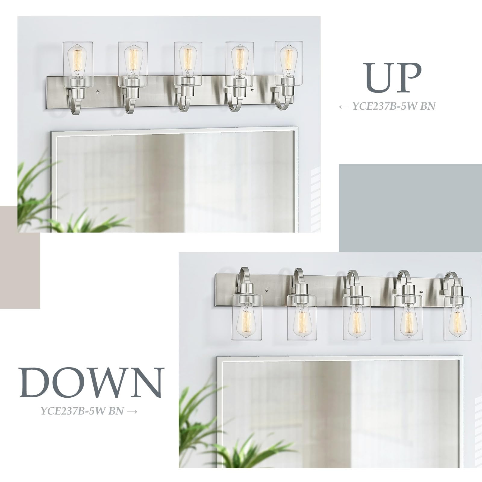 Emliviar 5-Light Brushed Nickel Bathroom Vanity Light Fixture With Clear Glass, 37"