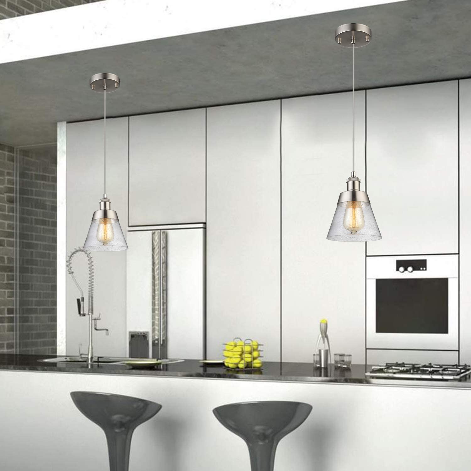 Fivess Lighting Modern Glass Pendant Light, One-Light Adjustable, Handblown Clear Seeded Glass Shade, Brushed Nickel, 1 Light