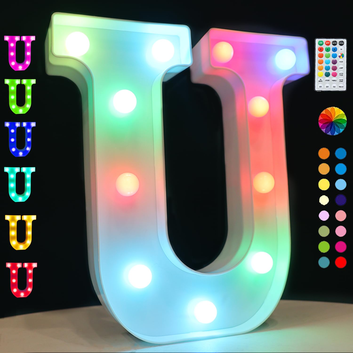 Light Up Colorful Led Marquee Letter Lights, 18 Colors Changing Alphabet Letters Sign With Remote Timer For Night Light Girls Bedroom Wedding Birthday Party Lamp Christmas Home Bar Decor- Colorful U