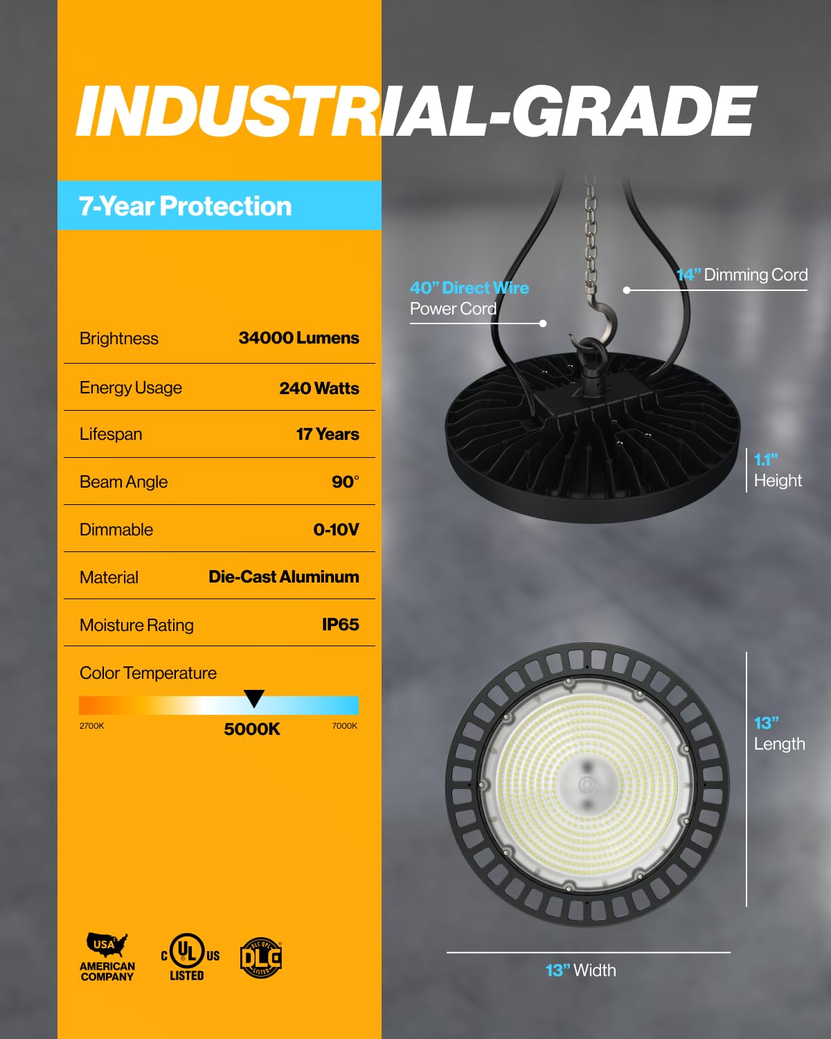 Sunco 6 Pack Ufo Led High Bay Light, Lighting For Warehouse, 5000K Daylight, 240W, 34800 Lm, 100-277V, Dimmable 0-10V, Ip65 Wate