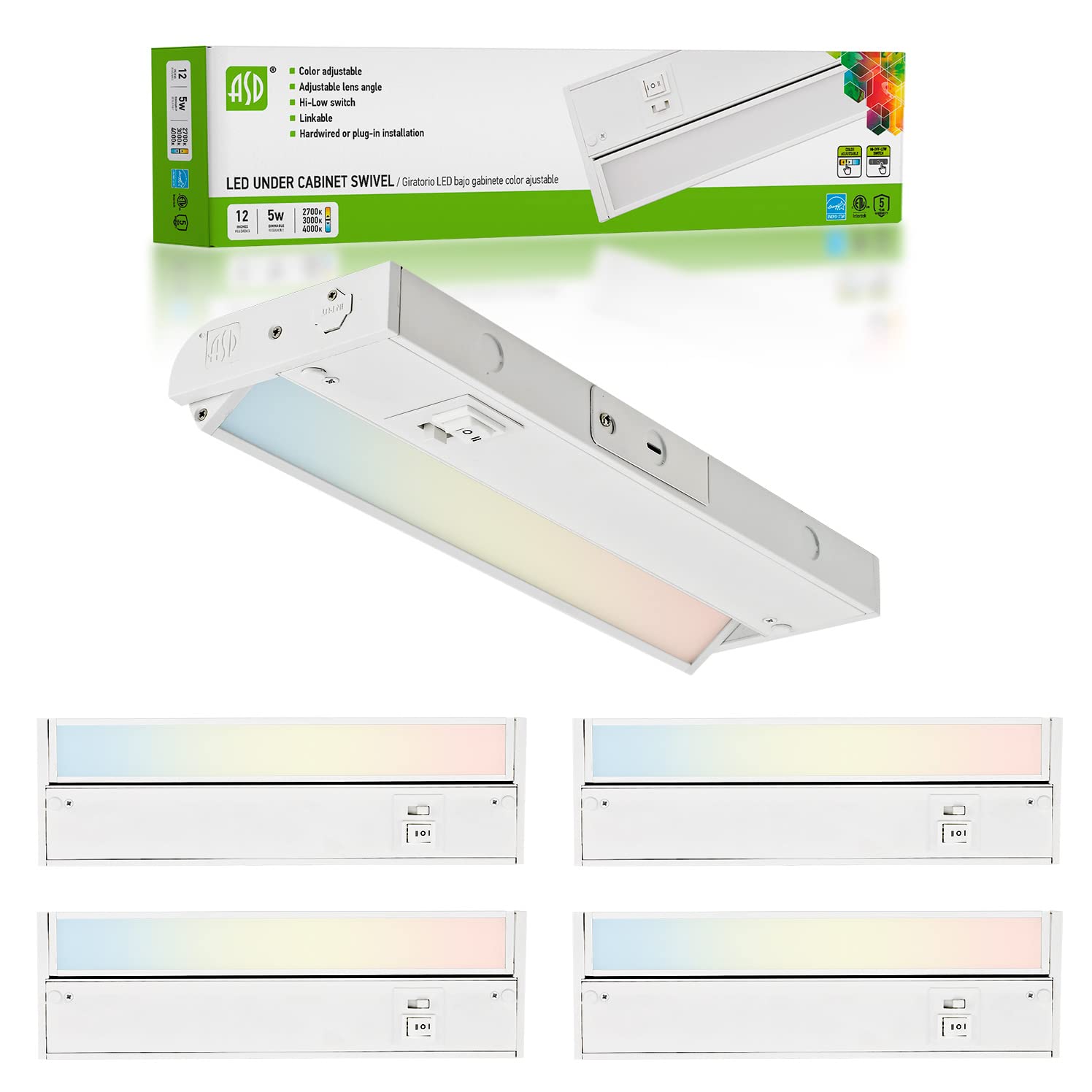 Asd Swivel Led Under Cabinet Lighting  12 Inch 5W  Hardwired Or Plug-In  2700K/3000K/4000K Selectable  Rotatable Lens  Dimmable Linkable Under Counter Lights For Kitchen  Etl & Energy Star  4 Pack