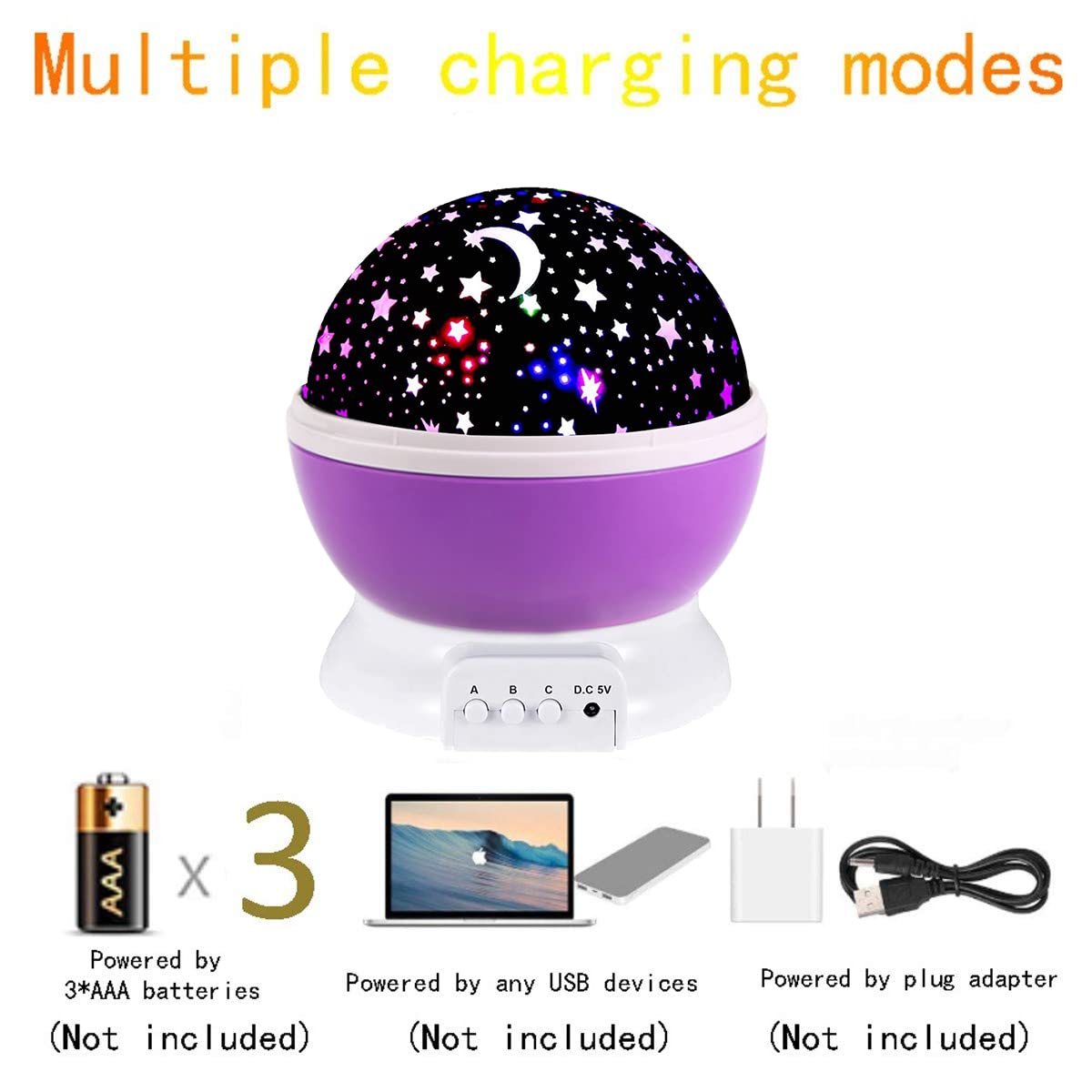 Borelor Star Night Light Projector, 12 Color Modes, 360° Rotating, 3 Piece Set, Purple, Model 178