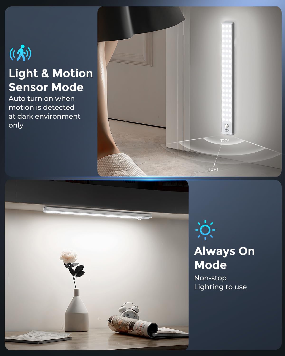 OTWKAY Under Cabinet Lighting - 14.7in Motion Sensor LED Light, Dimmable, Rechargeable, White Light, 2 Pack