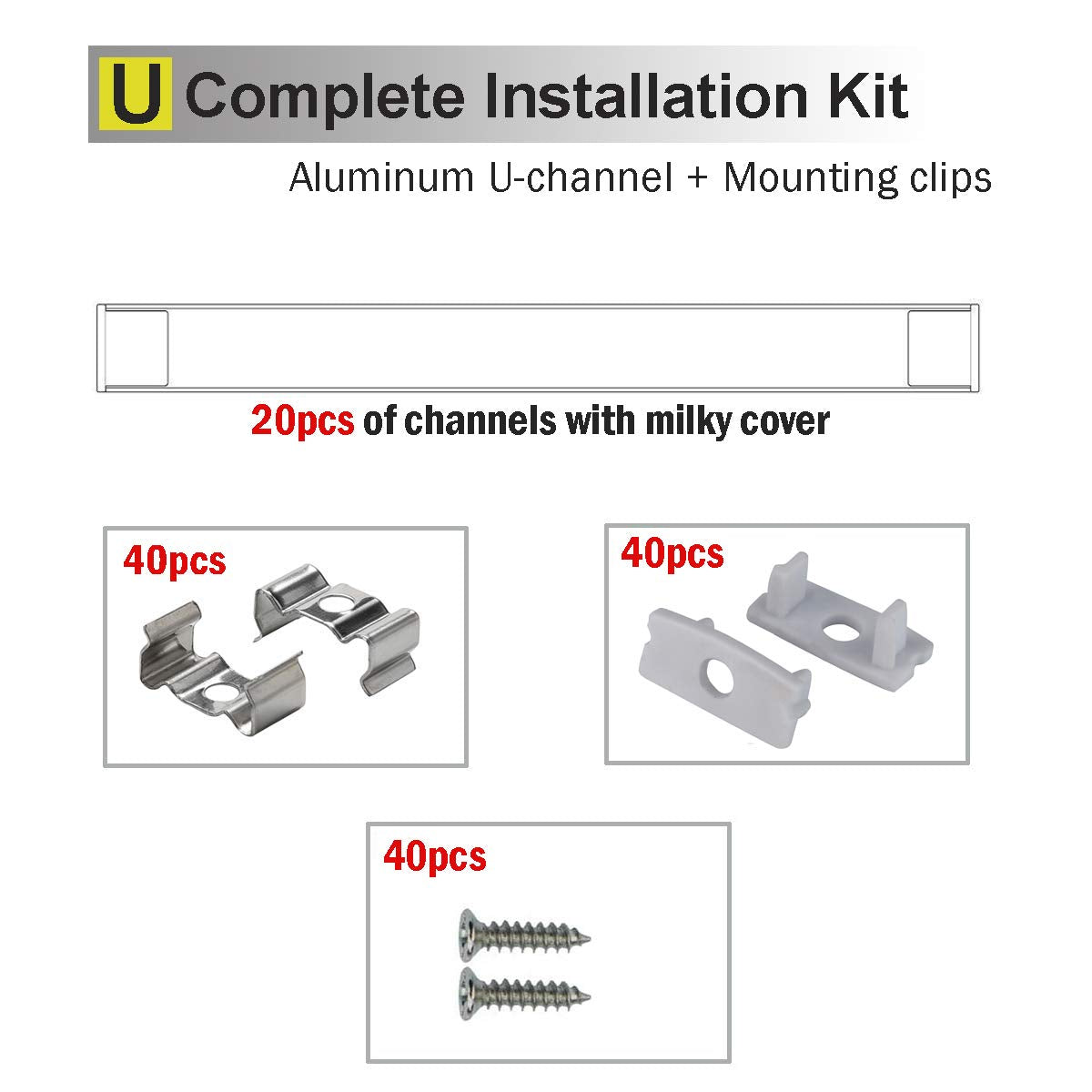 StarlandLed 6.6ft LED Strip Channel 20-Pack, Aluminum Profile with Milky Cover, End Caps & Mounting Clips, Silver