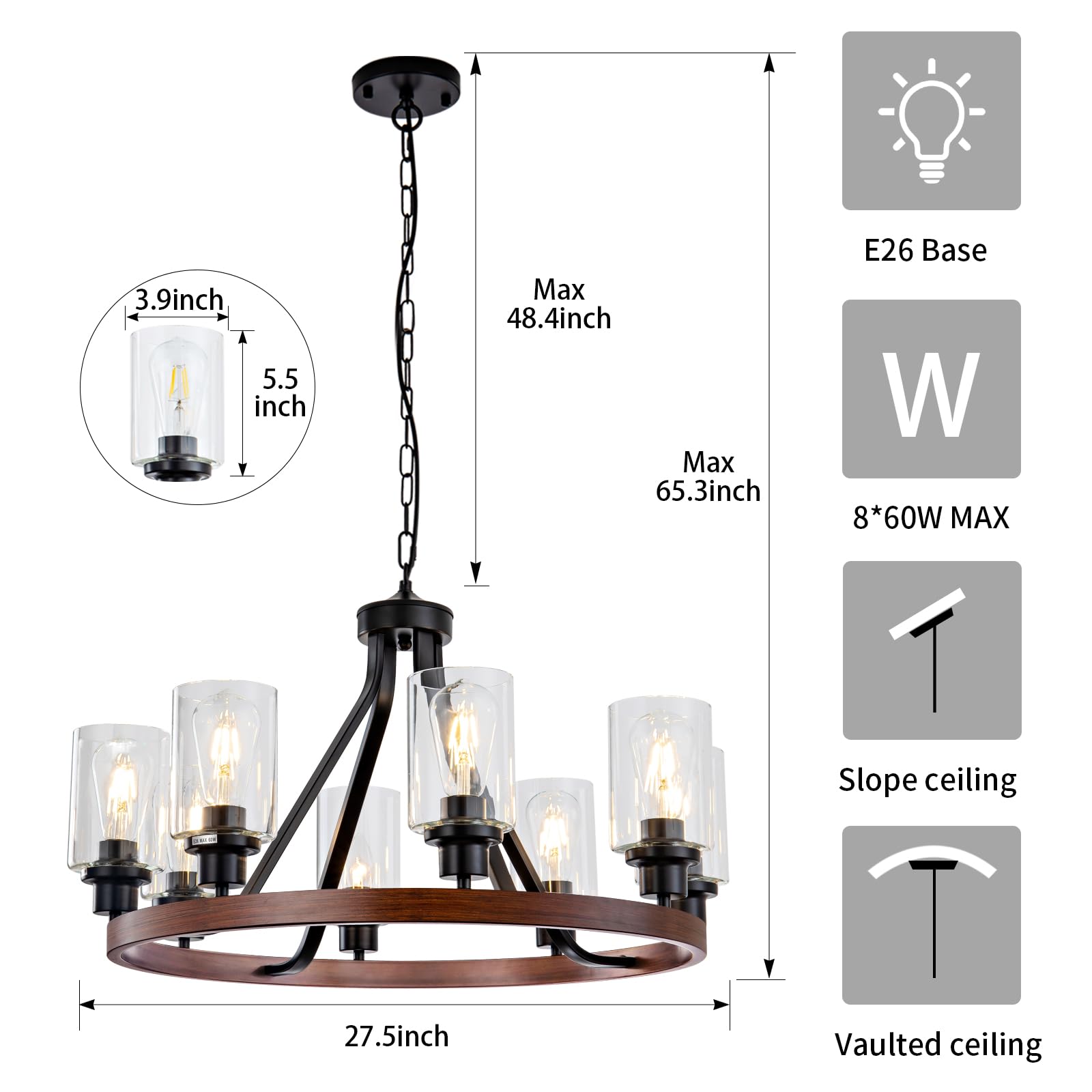 Lanhall 8-Light Rustic Farmhouse Chandelier - Metal & Glass Pendant Light Fixture, Adjustable Height, Wooden Finish, Model 500-100-1063