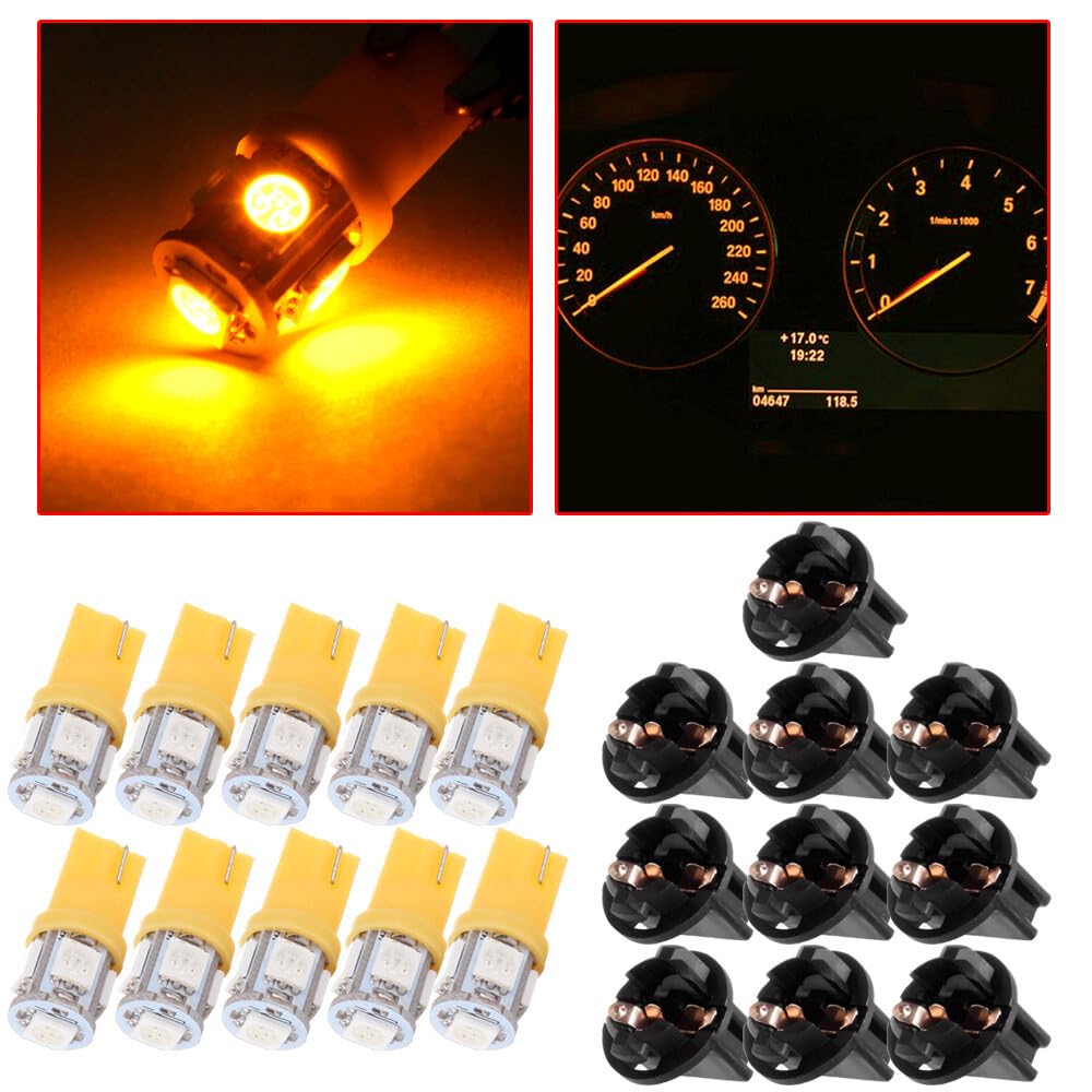 Cciyu (10) T10 5-5050-Smd Pc194 Led Bulb Instrument Panel Cluster Dash Light Twist Lock Socket (Yellow)
