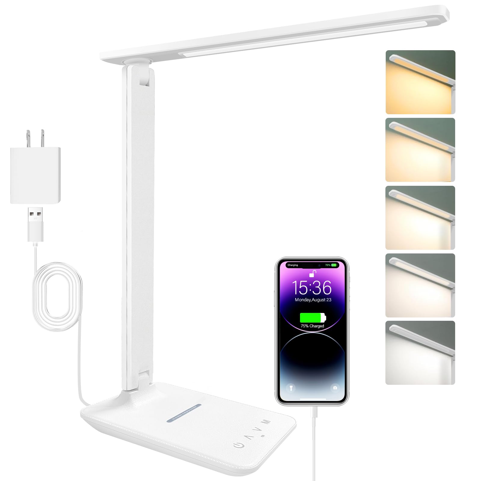 White Crown Led Desk Lamp With 15W Wireless Charger & Usb Port, Dimmable Table Lamp With 5 Lighting Modes, Sensitive Touch Contr