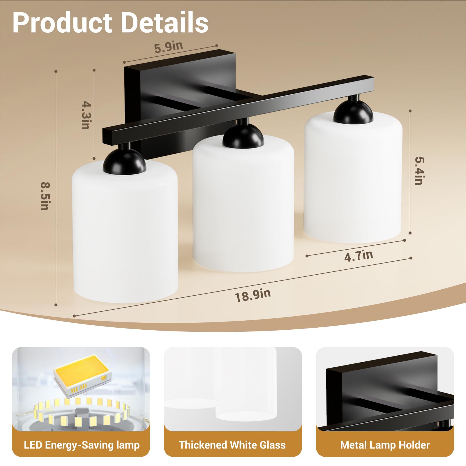 Quntis Bathroom Light Fixtures, 3 Lights LED Vanity Light, Black & Milky White, Adjustable, 18.9 Inch, Energy-Saving