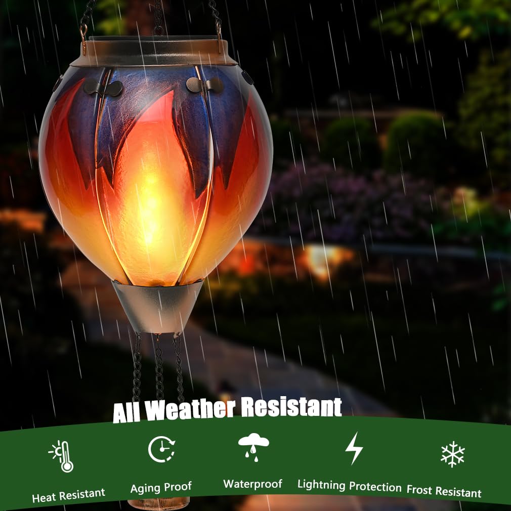 Hot Air Balloon Solar Lantern - Simulated Flickering & Dancing Flame Glass Lantern   Outdoor Hanging Yard Light Waterproof Ip65 For Garden Patio Lawn Porch Decor Gift