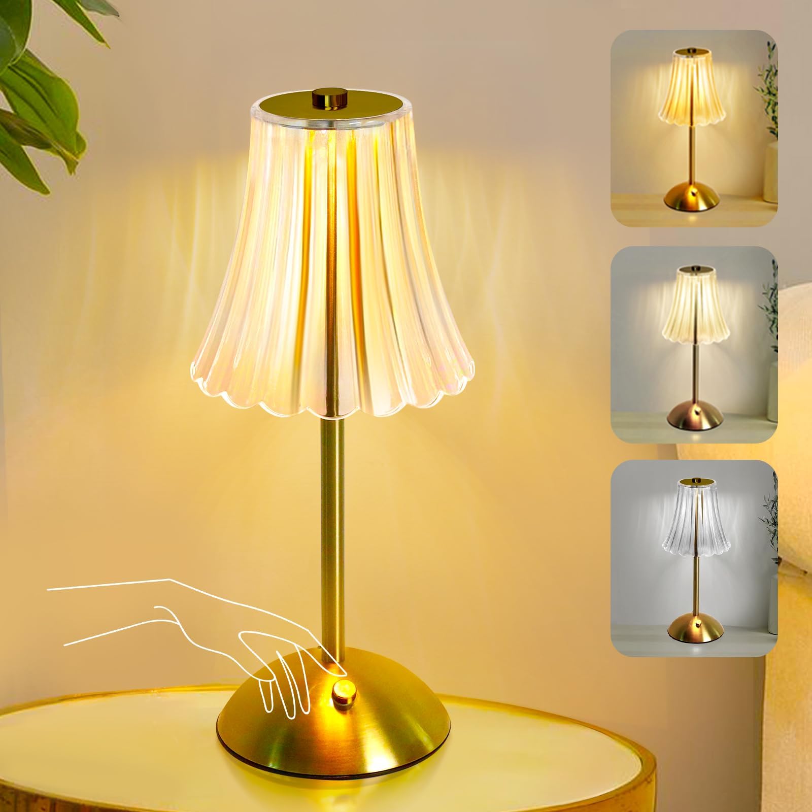 Cordless Table Lamp Rechargeable,LED 3 Colors Light Touch Dimmable Gold Small Lamp Decorative 12 for Nightstand,Bedside,Kitchen,