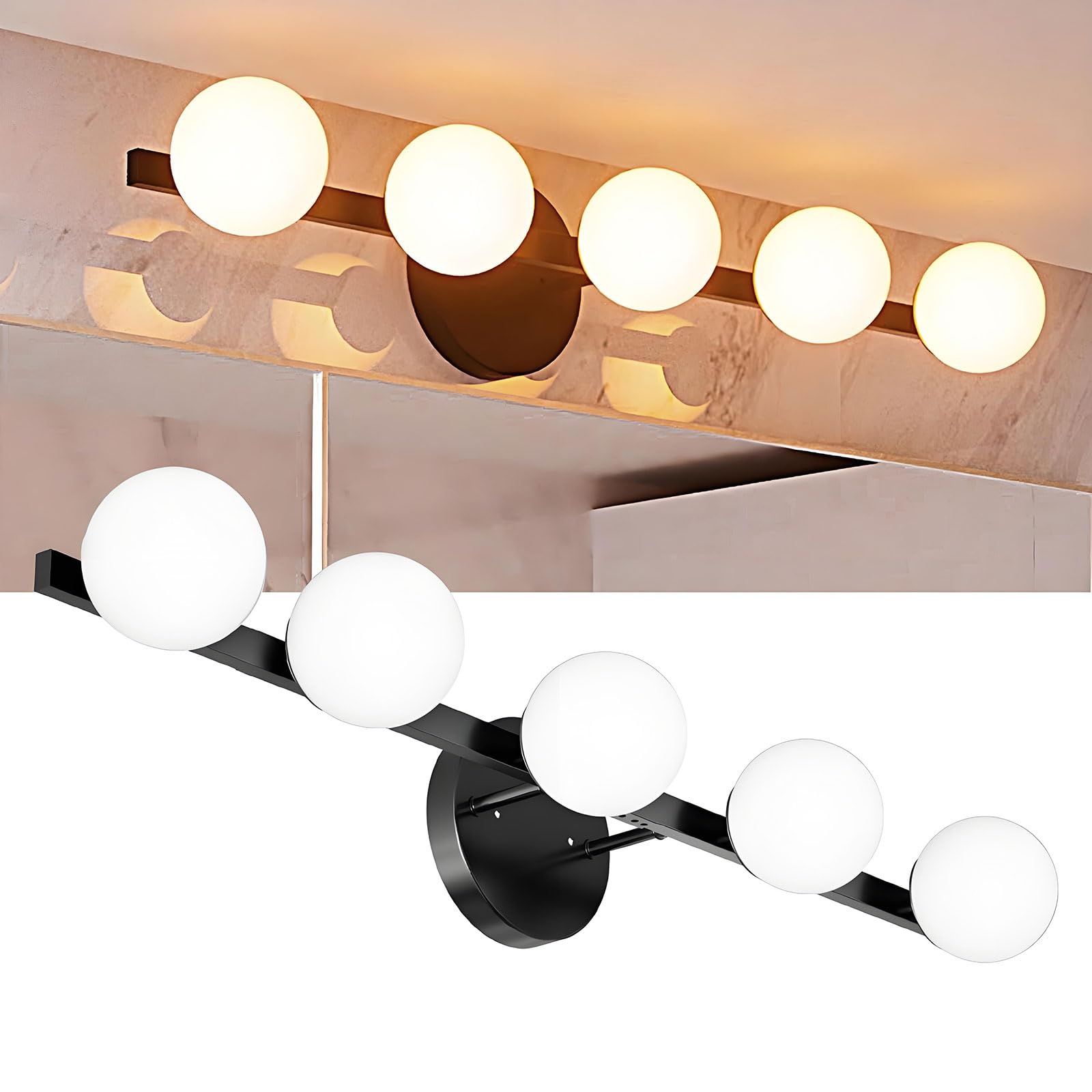Lightdot 31in 5-Light Vanity Light | Matte Gold Frame, Dimmable, Shatterproof Shades | 5L-Globe Black