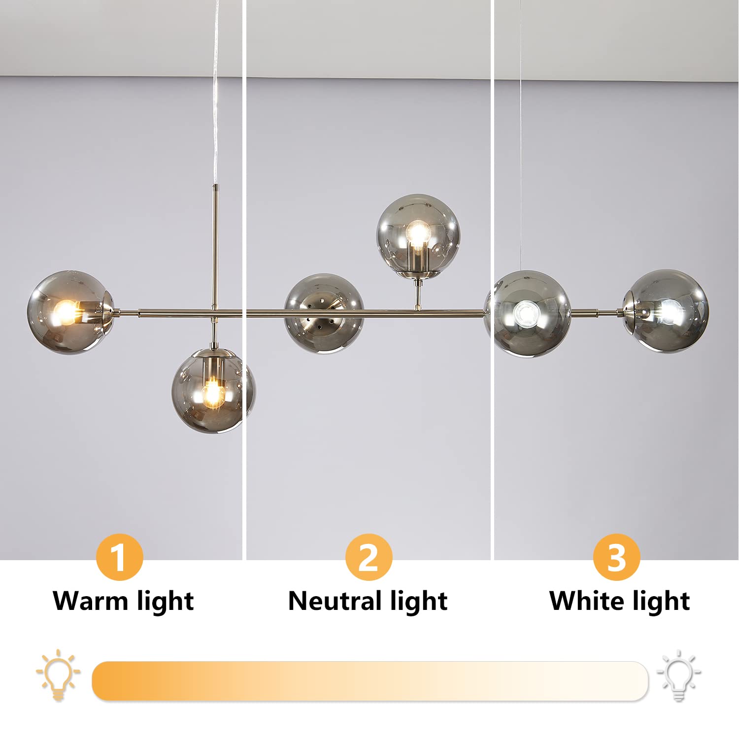 KCO 6-Light Modern Ceiling Pendant Lamp - Adjustable Mid-Century Chandelier in Silver & Smoke Grey for Kitchen Island & Dining Room
