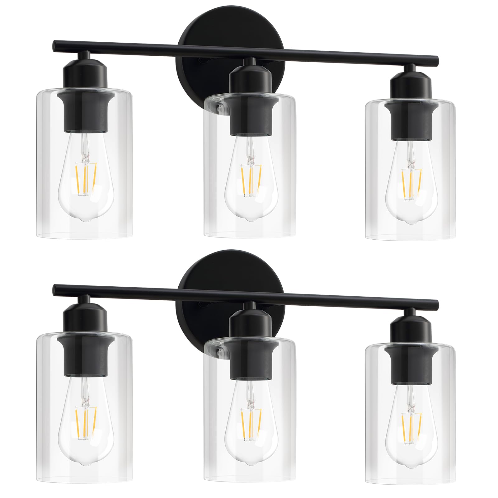 Seable 3-Light Matte Black Bathroom Vanity Light Fixtures With Glass Shade - 2 Pack
