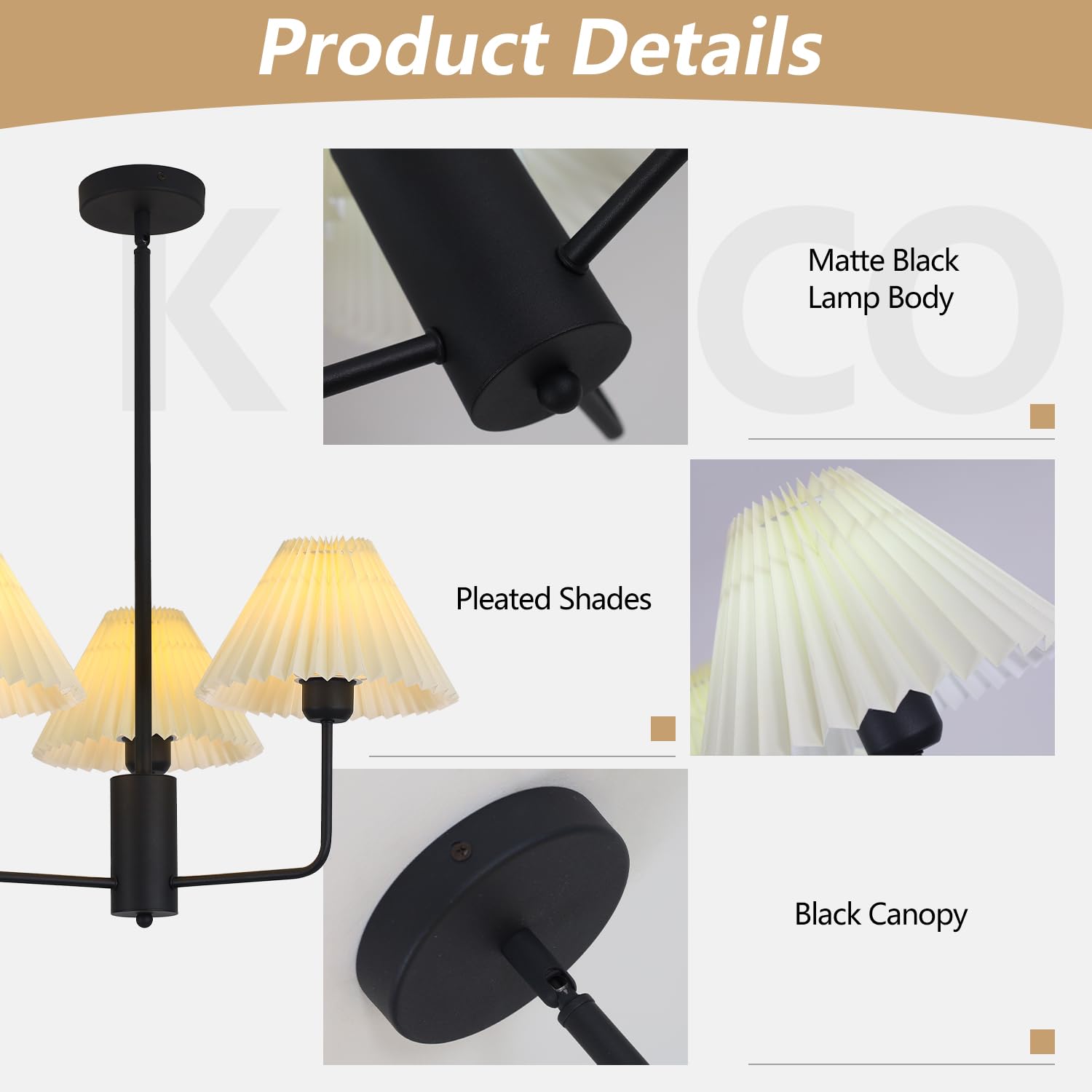 Kco Lighting Transitional Pleated Chandelier Mid Century Modern Sputnik Chandelier Black 3 Light Chandelier Ceiling Light White