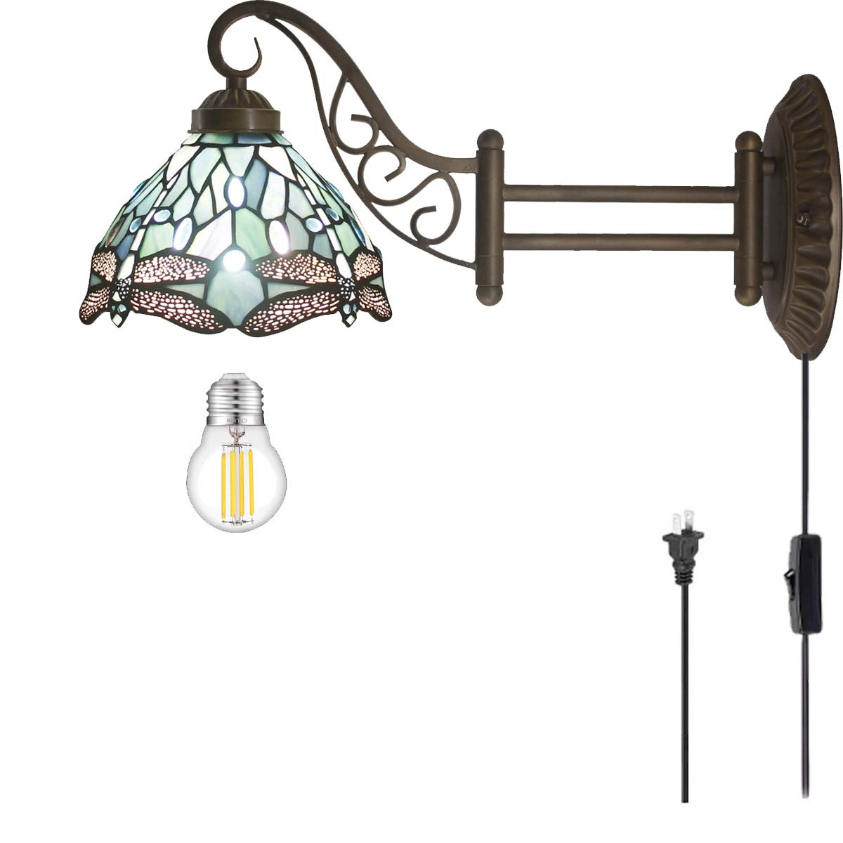 WERFACTORY Tiffany Wall Sconce Lamp Plug in Swing Arm Up Down Light Sea Blue Stained Glass Dragonfly Style W8L19 Inch S147 Serie