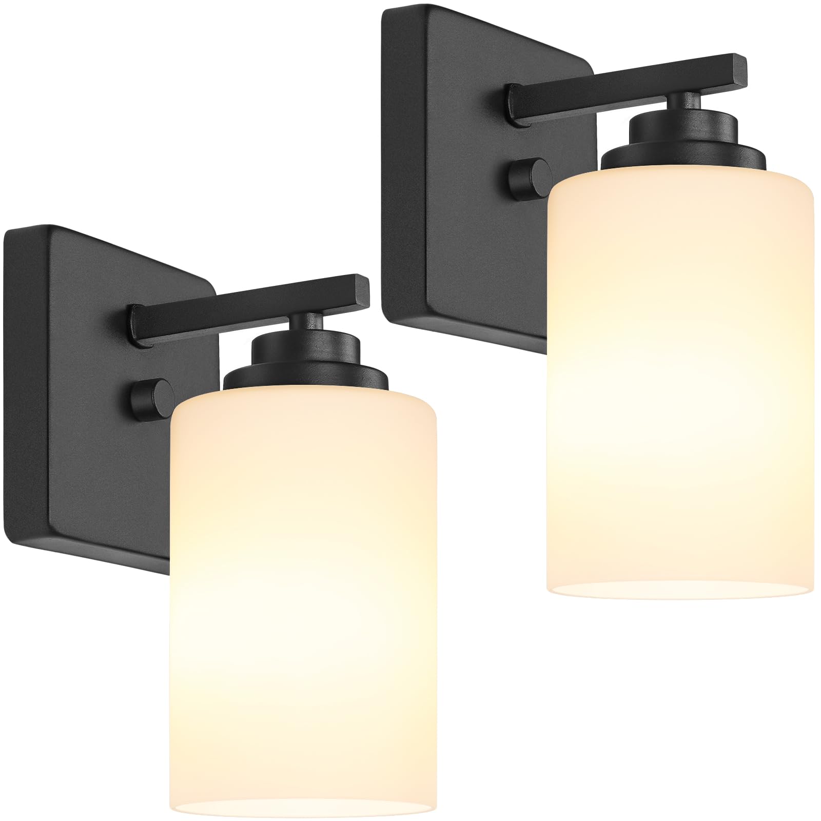 VerRon Set of 2 Wall Sconces, Modern Matte Black Lighting Fixtures, Glass Shade, 2-Light, B04014BP(2PK), Black & Milky White Glass