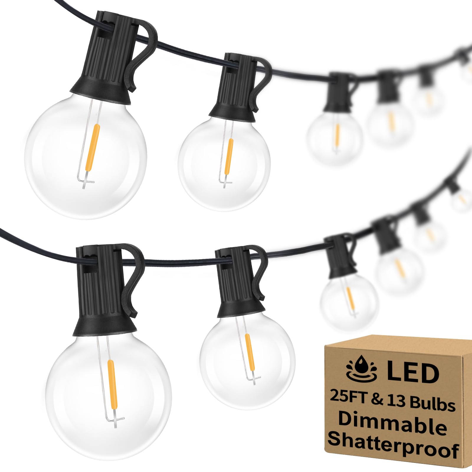 25FT Outdoor G40 LED Globe String Lights Dimmable Waterproof Shatterproof Light Strings with 13 Bulbs Connectable Commercial Han