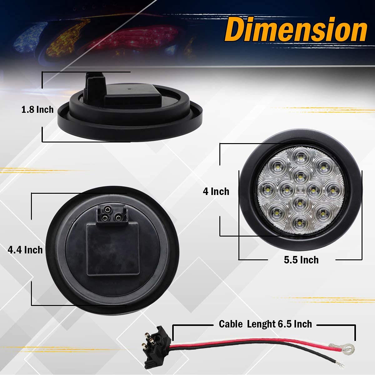 MADCATZ 4 Inch White Light Round 12 LED Tail Lights 3 Prong Plugs Truck Trailer Pickup Tractor Truck Van ATV RV Bus Shockproof 1