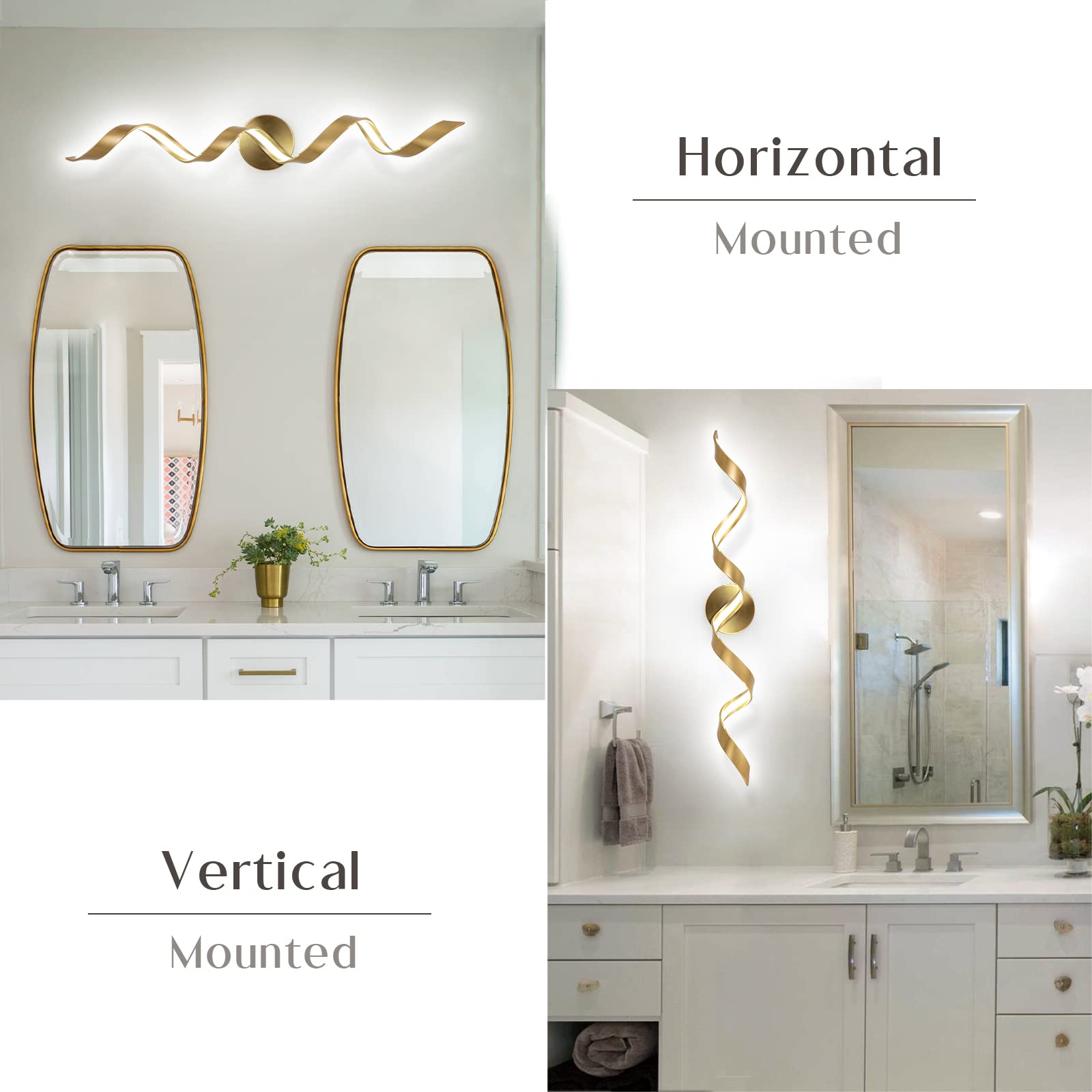 Huoku 32" Dimmable Led Bathroom Vanity Light, Gold Spiral Design, 20W, 6000K White Light