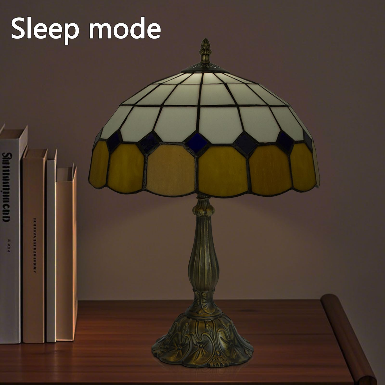 Crefotu 12 Inch Tiffany Table Lamp with Remote Control, Stepless Dimmable, Glass, Beige Plaid, Model CFLPUS-004