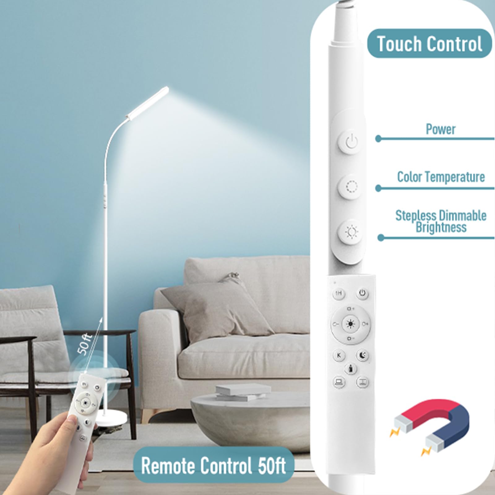 Marctronic White Floor Lamp, 18W 1800Lm Bright Led Floor Lamp For Living Room Bedroom, Dimmable Timing Eye Caring Reading Standi