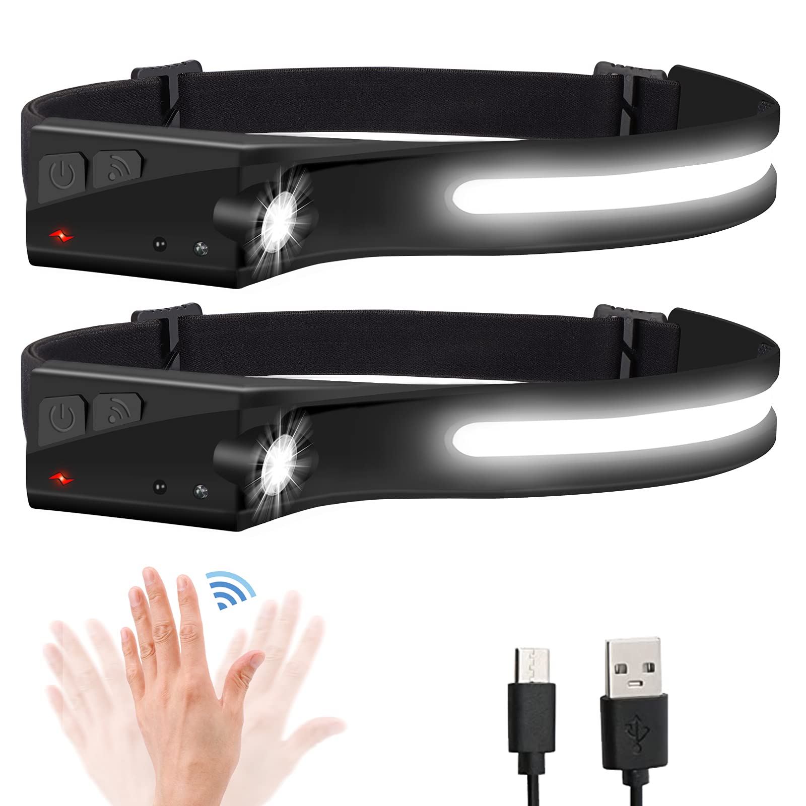 Headlamp Flashlight, 2Pack Rechargeable Led Headlamps 1200Lumens 2 Cob 230Wide Beam Headlight With Motion Sensor Bright 5 Modes