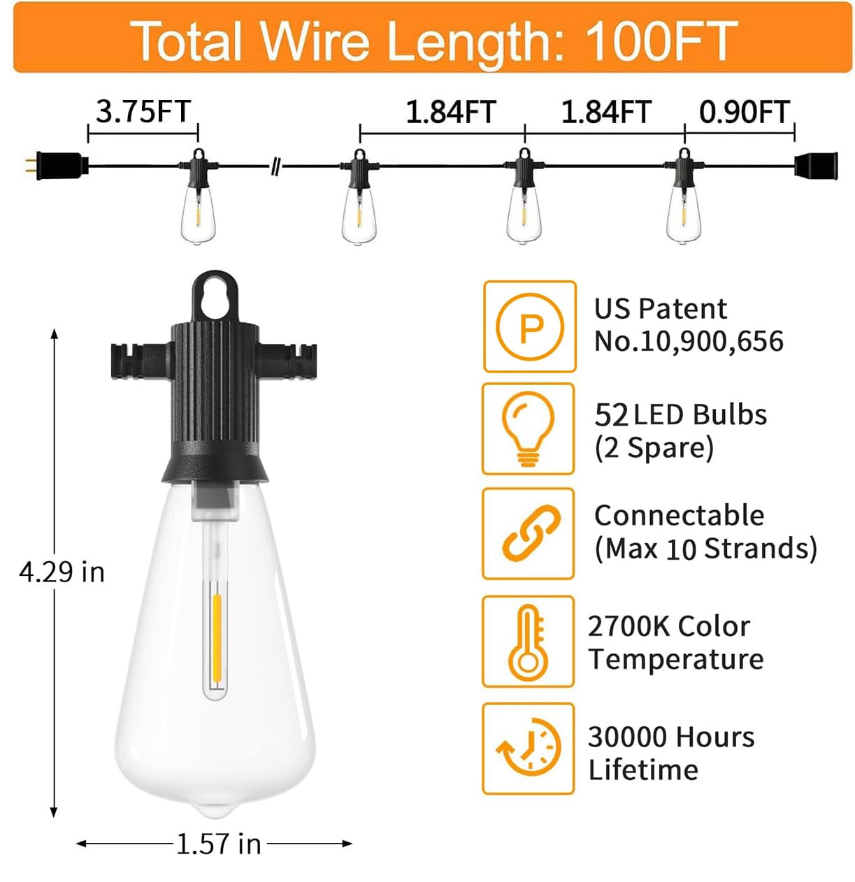 ZOTOYI Outdoor LED String Lights, 100Ft Waterproof IP65, 50+2 Dimmable Shatterproof Bulbs, Black, Vintage Patio Lights